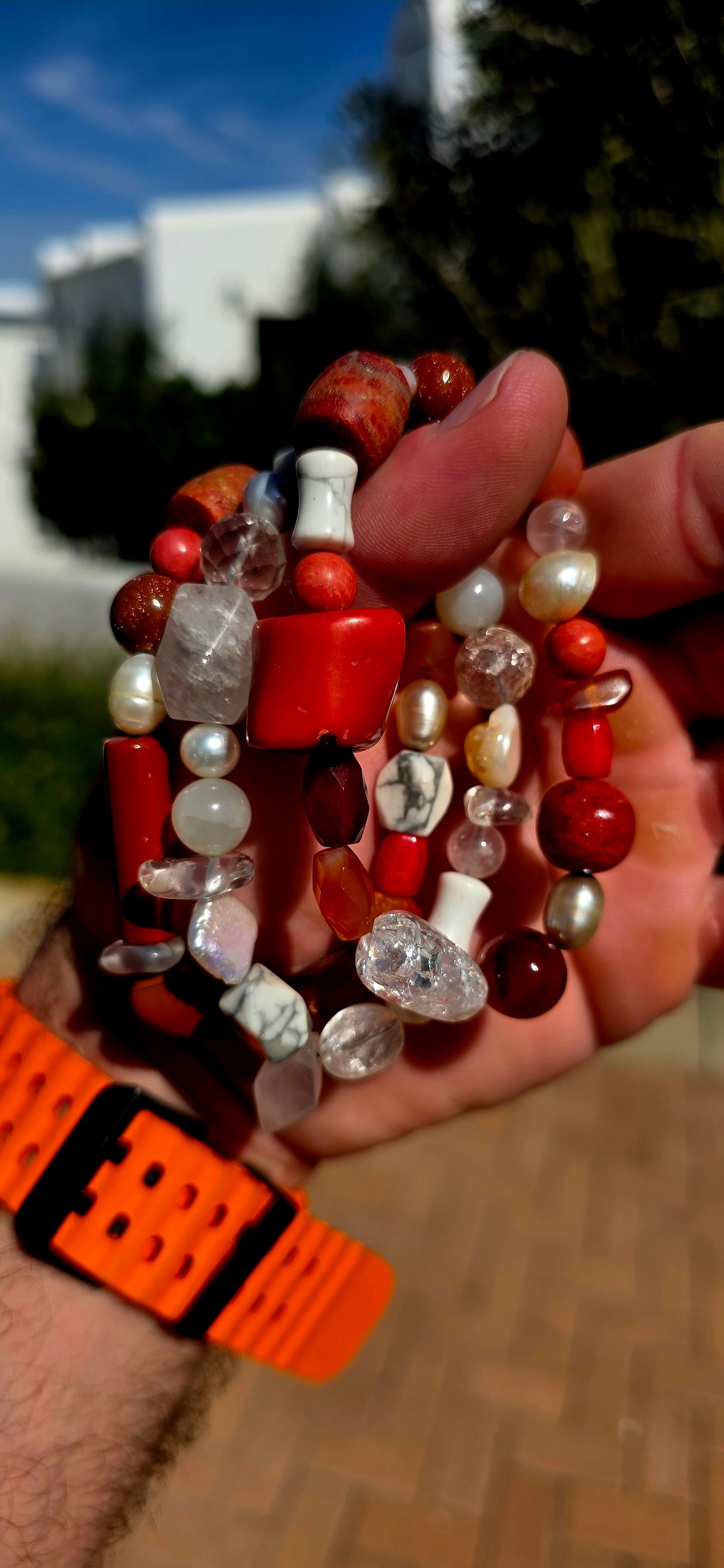 A fabulous trio of chunky gemstone stretch bracelets celebrating that glorious combination of fiery reds and crisp whites!