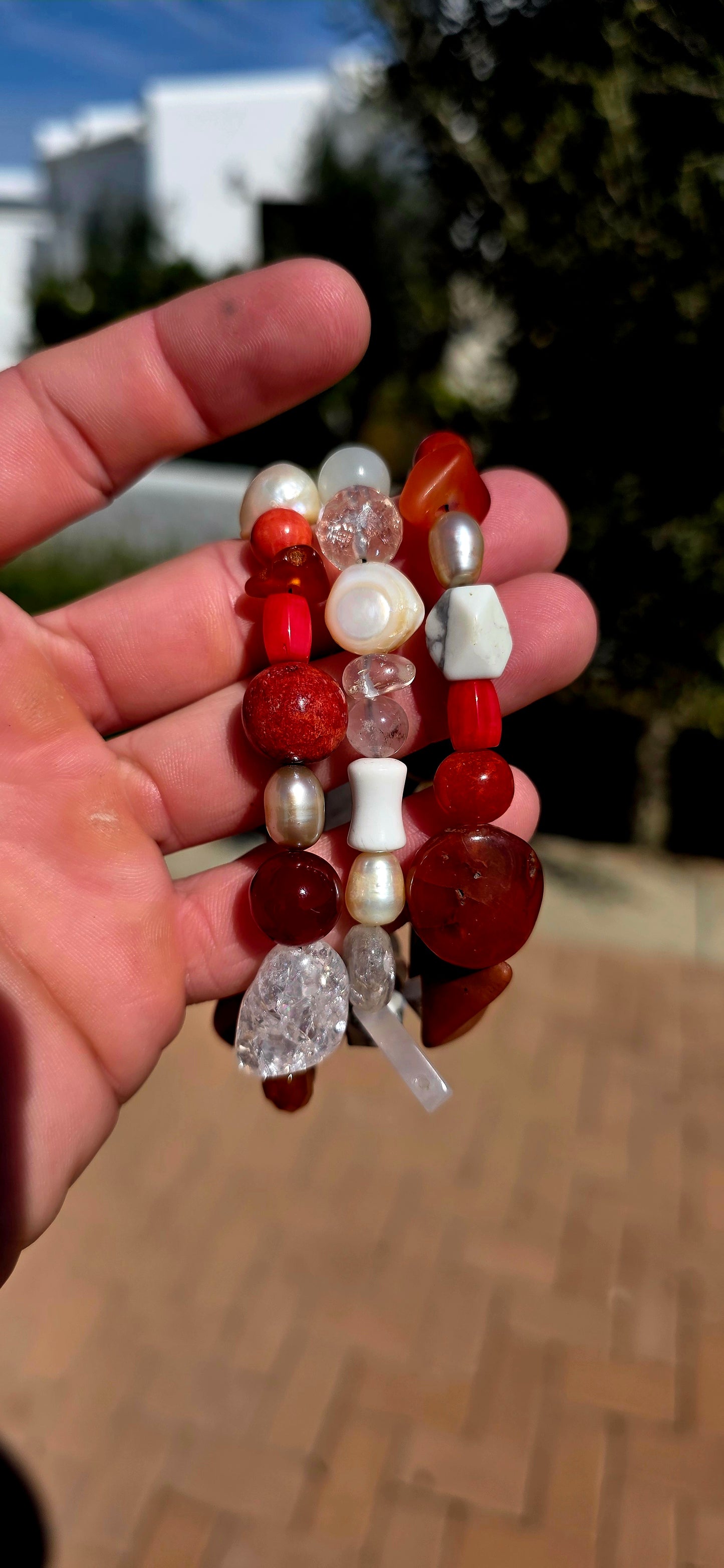 A fabulous trio of chunky gemstone stretch bracelets celebrating that glorious combination of fiery reds and crisp whites!