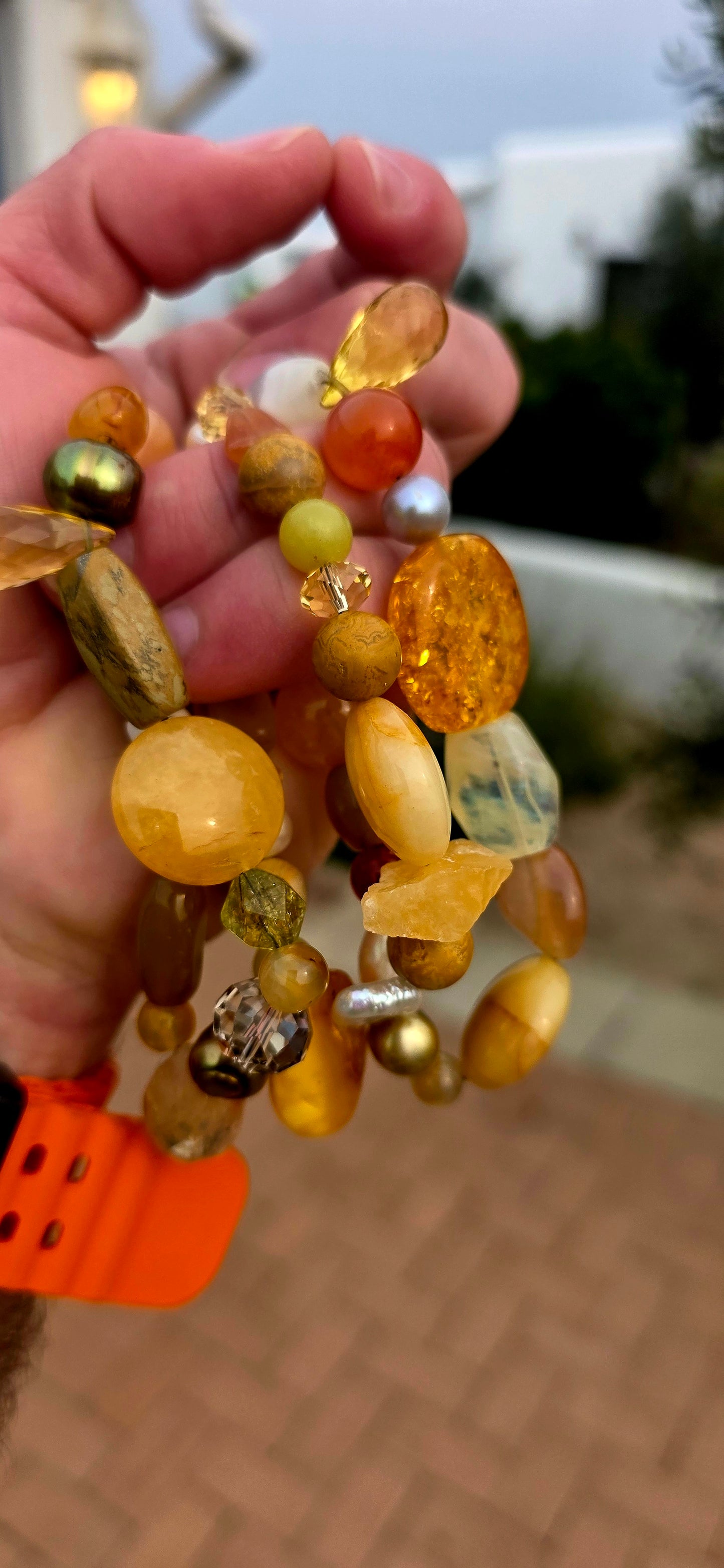 All the glorious colours of autumn wrapped around your wrist!  A fabulous collection of three chunky gemstone stretch bracelets, individually strung with an eclectic mix of natural gemstones in warm honey, caramel, cognac, golden yellow and earthy brown.
