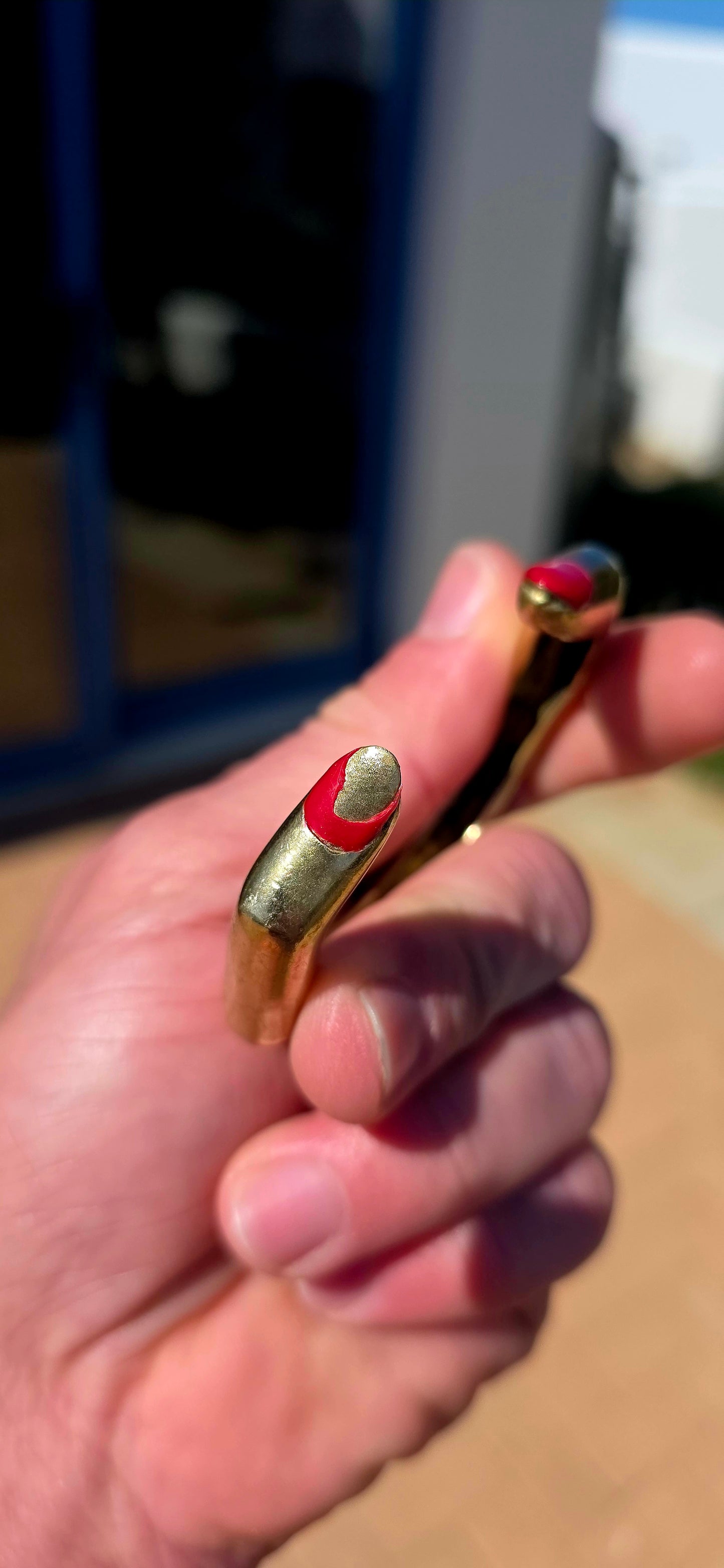From cult Italian jewellery designer Delfina Delettrez, this fabulous and VERY sought-after “Finger Mood” cuff bracelet is sculpted in bronze as two beautifully surreal fingers wrapping around the wrist — complete with those wonderfully cheeky red enamel.