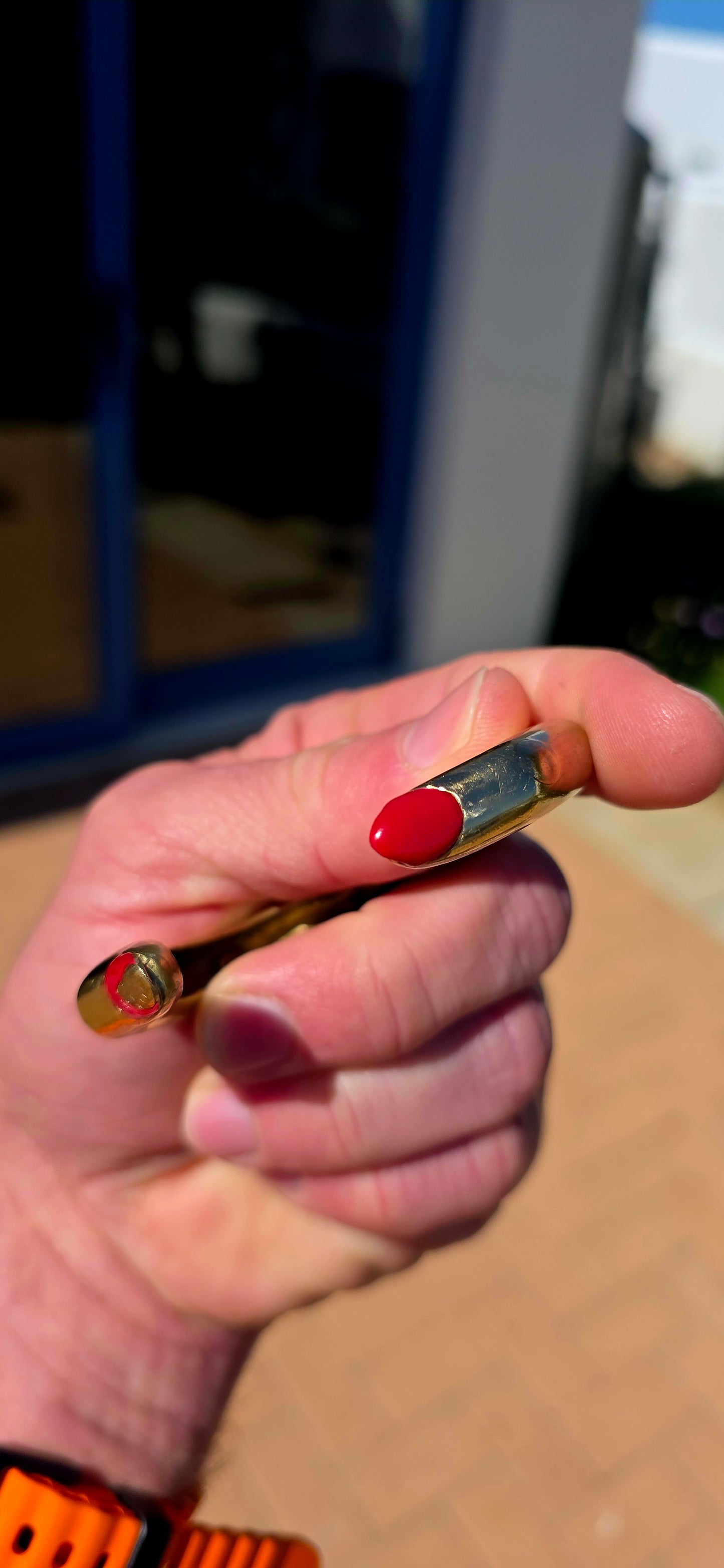 From cult Italian jewellery designer Delfina Delettrez, this fabulous and VERY sought-after “Finger Mood” cuff bracelet is sculpted in bronze as two beautifully surreal fingers wrapping around the wrist — complete with those wonderfully cheeky red enamel.