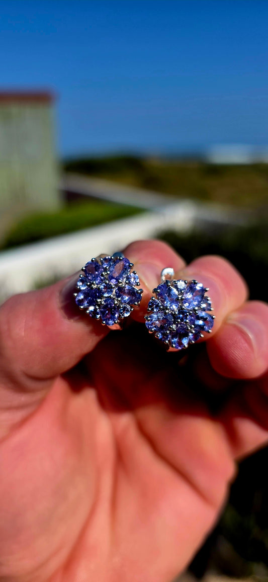 A fabulous burst of TANZANITE! These gorgeous sterling silver earrings are designed as lush floral clusters, absolutely packed with that unmistakable violet-blue sparkle.