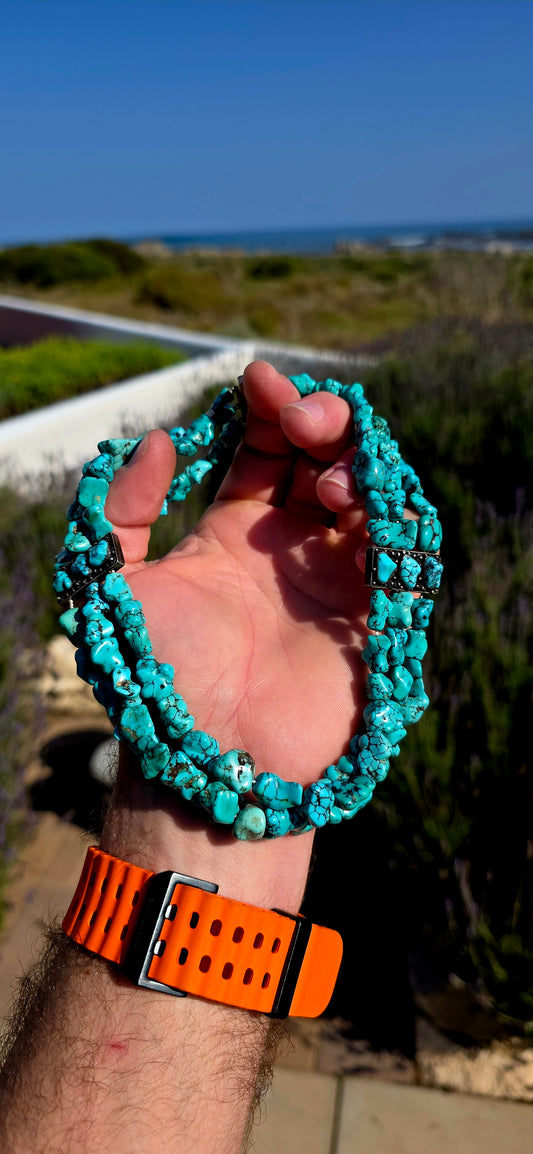 Now THIS is a serious turquoise piece!! A fabulous antique Chinese export silver and natural turquoise three-strand choker-length necklace, absolutely loaded with beautifully irregular turquoise nuggets.