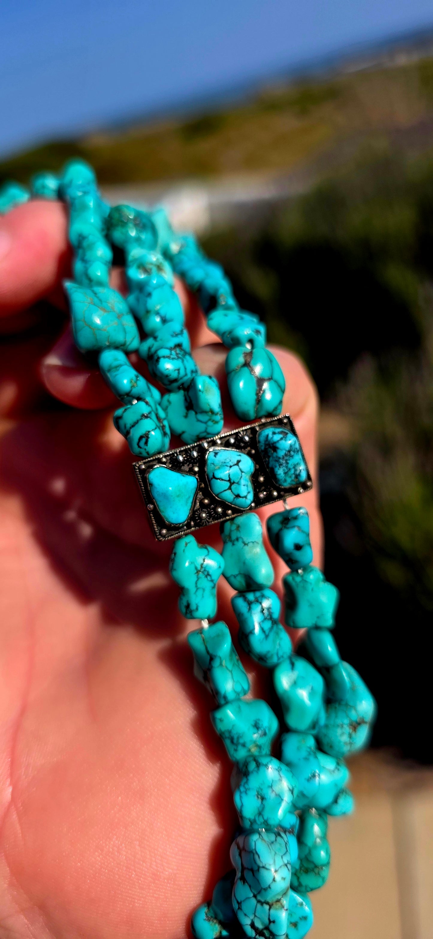 Now THIS is a serious turquoise piece!! A fabulous antique Chinese export silver and natural turquoise three-strand choker-length necklace, absolutely loaded with beautifully irregular turquoise nuggets.