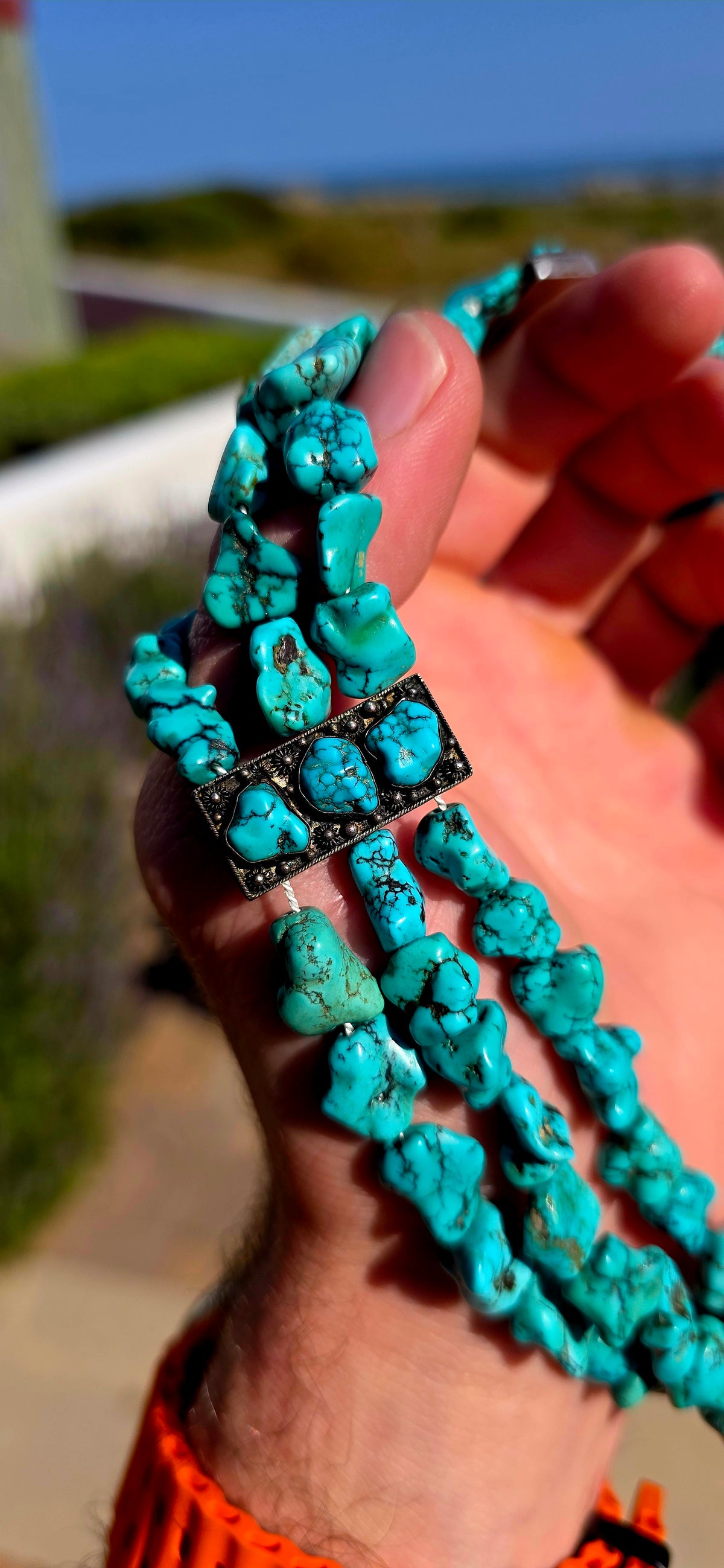 Now THIS is a serious turquoise piece!! A fabulous antique Chinese export silver and natural turquoise three-strand choker-length necklace, absolutely loaded with beautifully irregular turquoise nuggets.