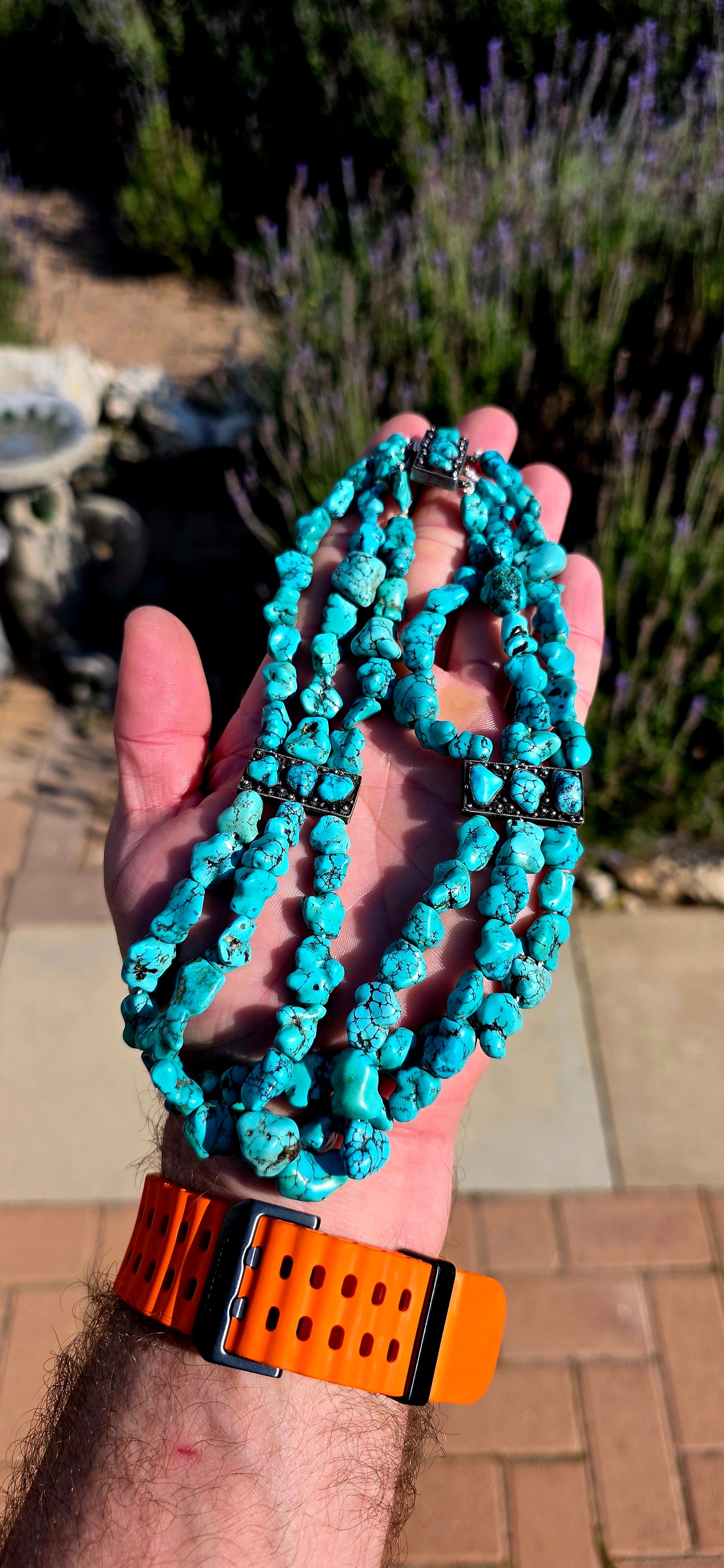 Now THIS is a serious turquoise piece!! A fabulous antique Chinese export silver and natural turquoise three-strand choker-length necklace, absolutely loaded with beautifully irregular turquoise nuggets.