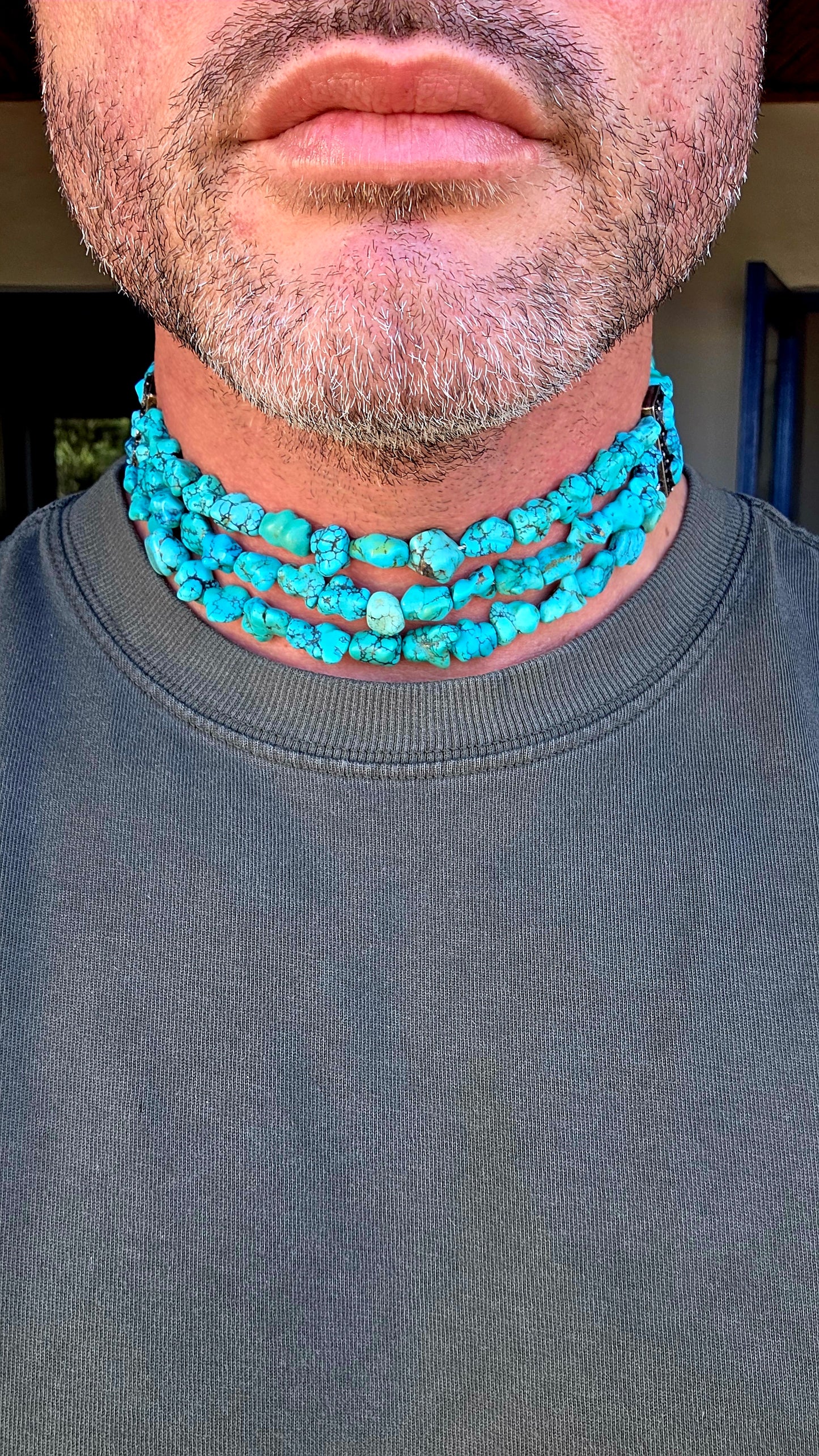 Now THIS is a serious turquoise piece!! A fabulous antique Chinese export silver and natural turquoise three-strand choker-length necklace, absolutely loaded with beautifully irregular turquoise nuggets.