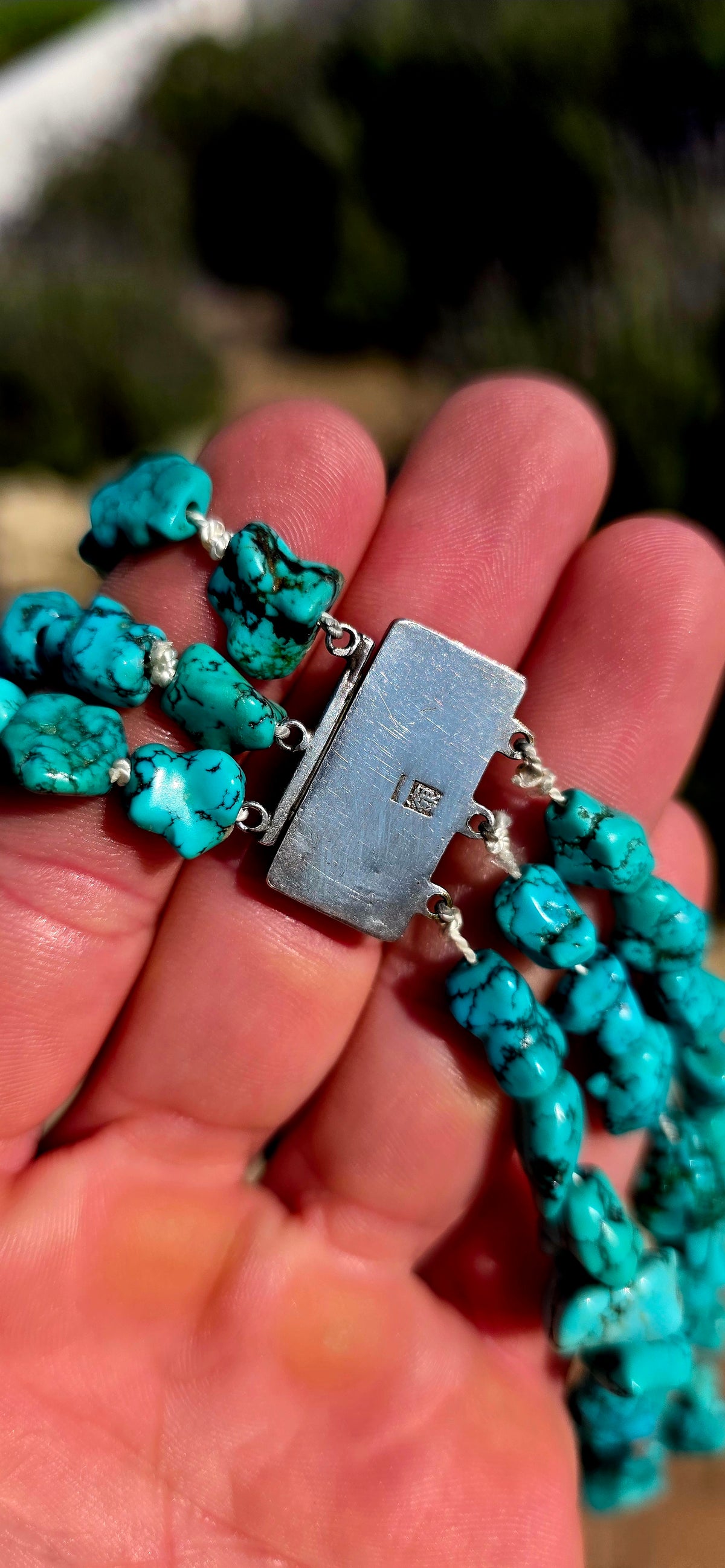 Now THIS is a serious turquoise piece!! A fabulous antique Chinese export silver and natural turquoise three-strand choker-length necklace, absolutely loaded with beautifully irregular turquoise nuggets.