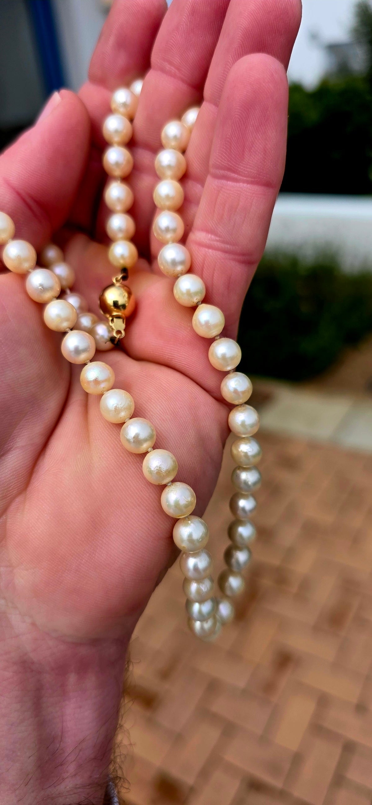 Beautifully timeless! Dating to the Art Deco era, this elegant necklace features a long single strand of wonderfully lustrous marine cultured pearls, displaying creamy ivory tones with that gorgeous soft glow only pearls can give.