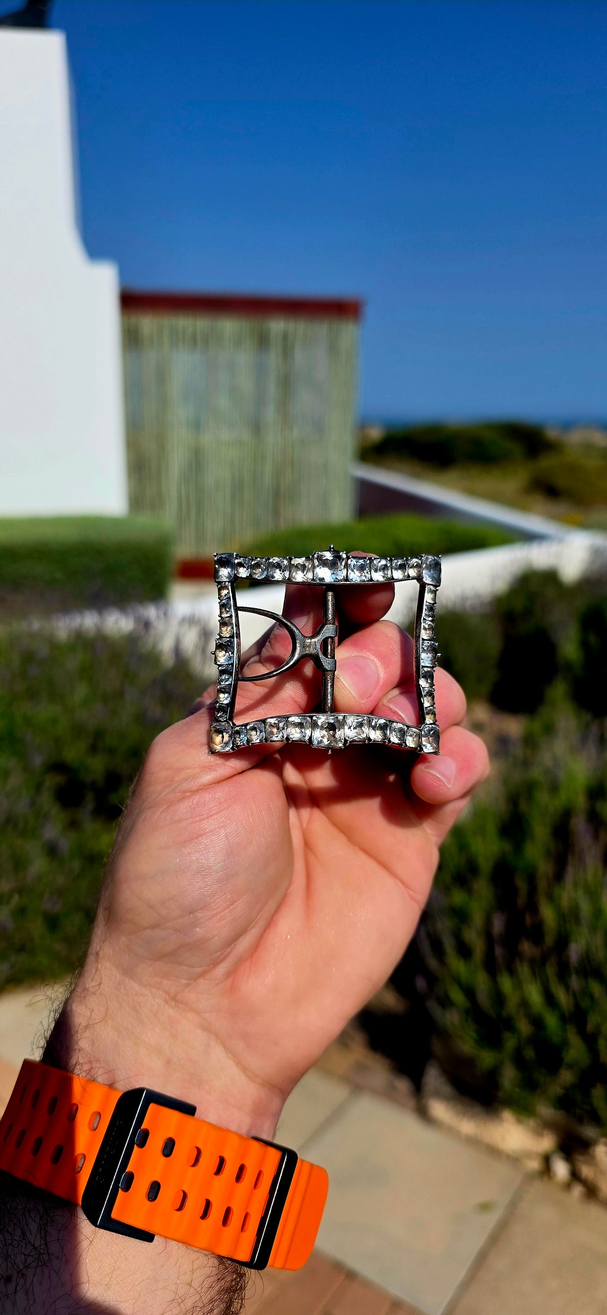 Now THIS is proper Georgian history! Dating to around the 1790s, this fabulous antique shoe buckle is crafted in sterling silver and completely framed by sparkling foiled-back cushion-cut Black Dot paste stones.