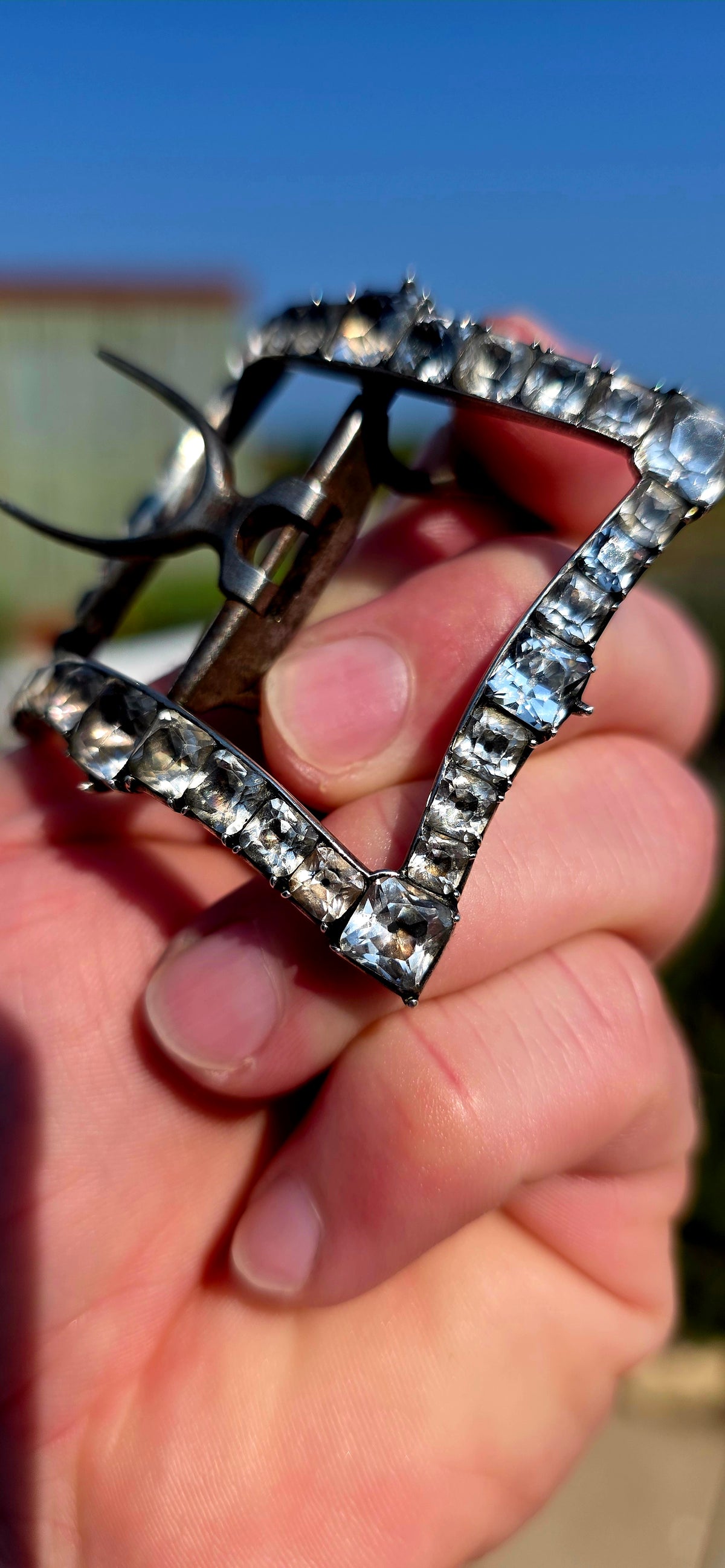 Now THIS is proper Georgian history! Dating to around the 1790s, this fabulous antique shoe buckle is crafted in sterling silver and completely framed by sparkling foiled-back cushion-cut Black Dot paste stones.