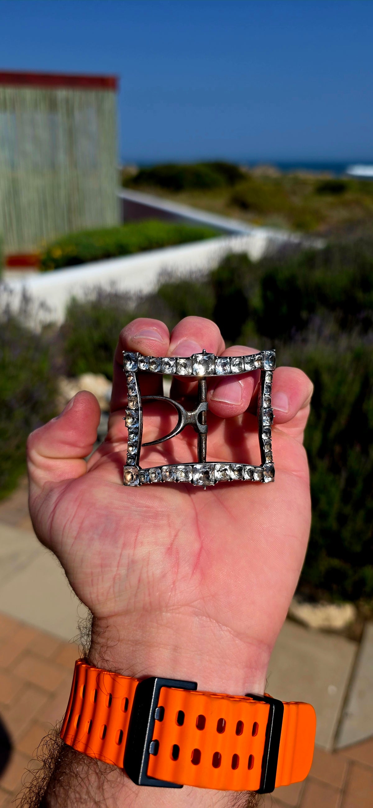 Now THIS is proper Georgian history! Dating to around the 1790s, this fabulous antique shoe buckle is crafted in sterling silver and completely framed by sparkling foiled-back cushion-cut Black Dot paste stones.