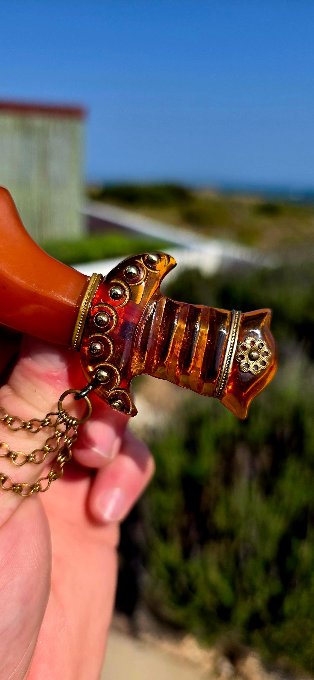 This is one for the serious Bakelite collectors! An absolutely fabulous and OVERSIZED Art Deco-era novelty brooch, dating to circa the 1930s and fashioned as an exotic Persian-style curved dagger.