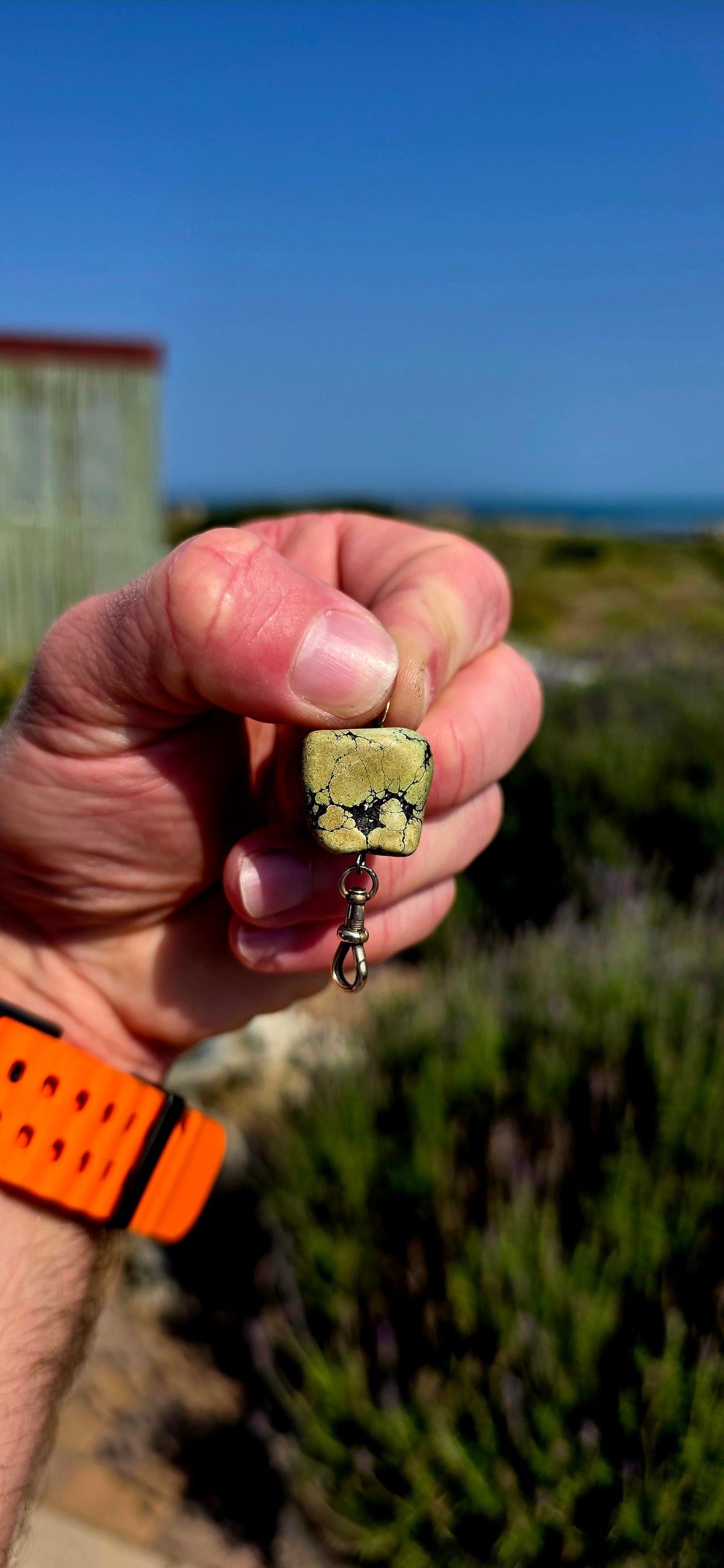 Such a wonderfully unusual little antique! This charming Victorian fob pendant centres around a substantial softly squared Treasure Mountain turquoise bead.