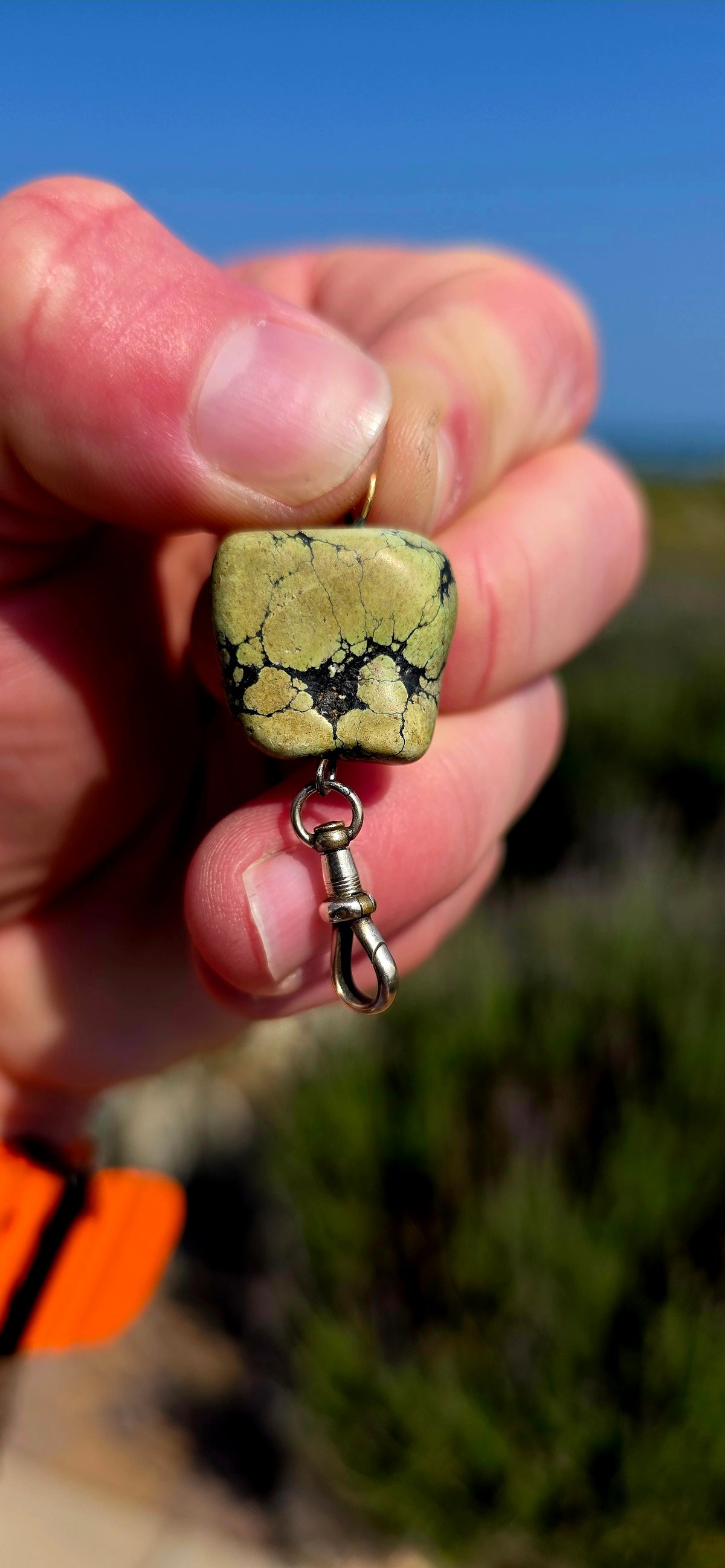 Such a wonderfully unusual little antique! This charming Victorian fob pendant centres around a substantial softly squared Treasure Mountain turquoise bead.