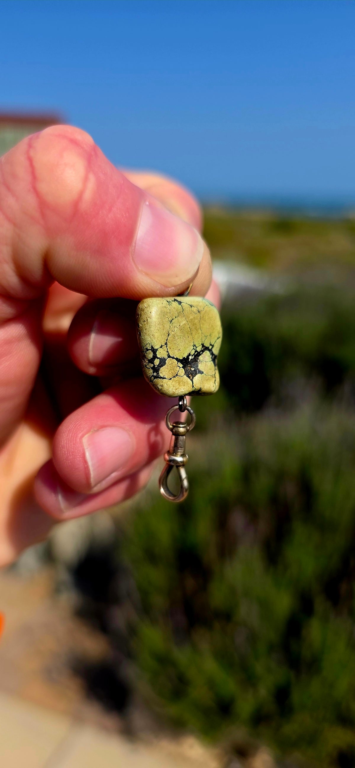 Such a wonderfully unusual little antique! This charming Victorian fob pendant centres around a substantial softly squared Treasure Mountain turquoise bead.