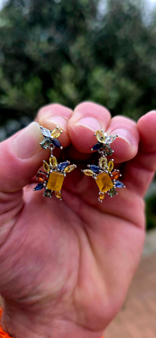 MARVELLOUS!! These sterling silver floral drop earrings are an absolute celebration of colour — playful, feminine and wonderfully unusual!