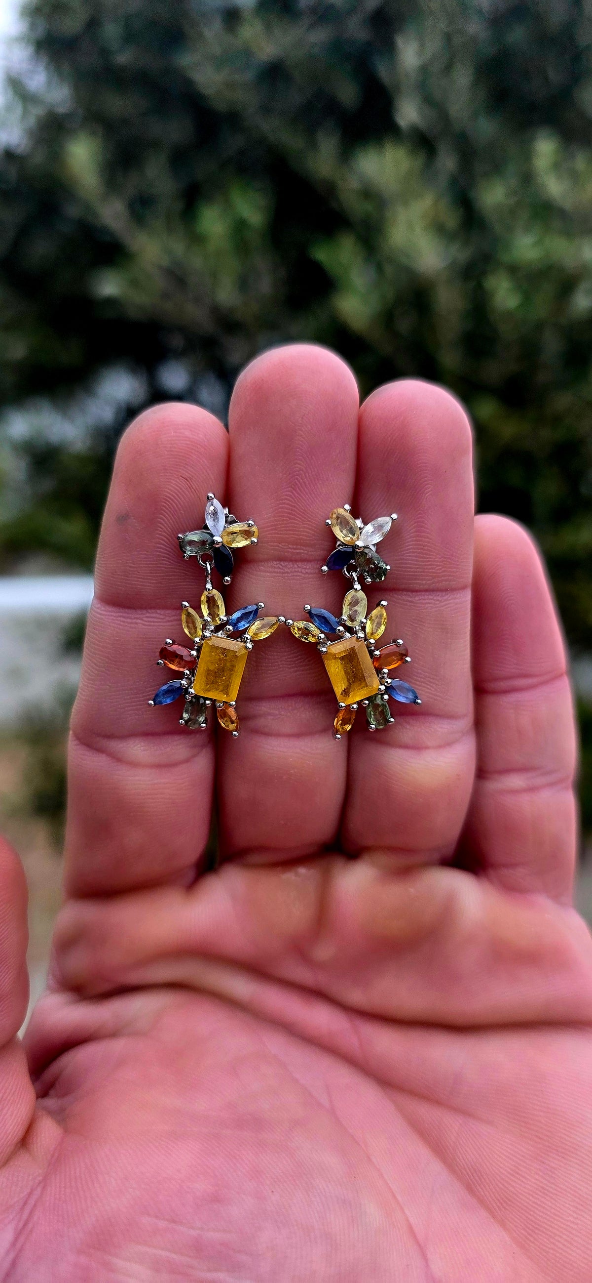 MARVELLOUS!! These sterling silver floral drop earrings are an absolute celebration of colour — playful, feminine and wonderfully unusual!