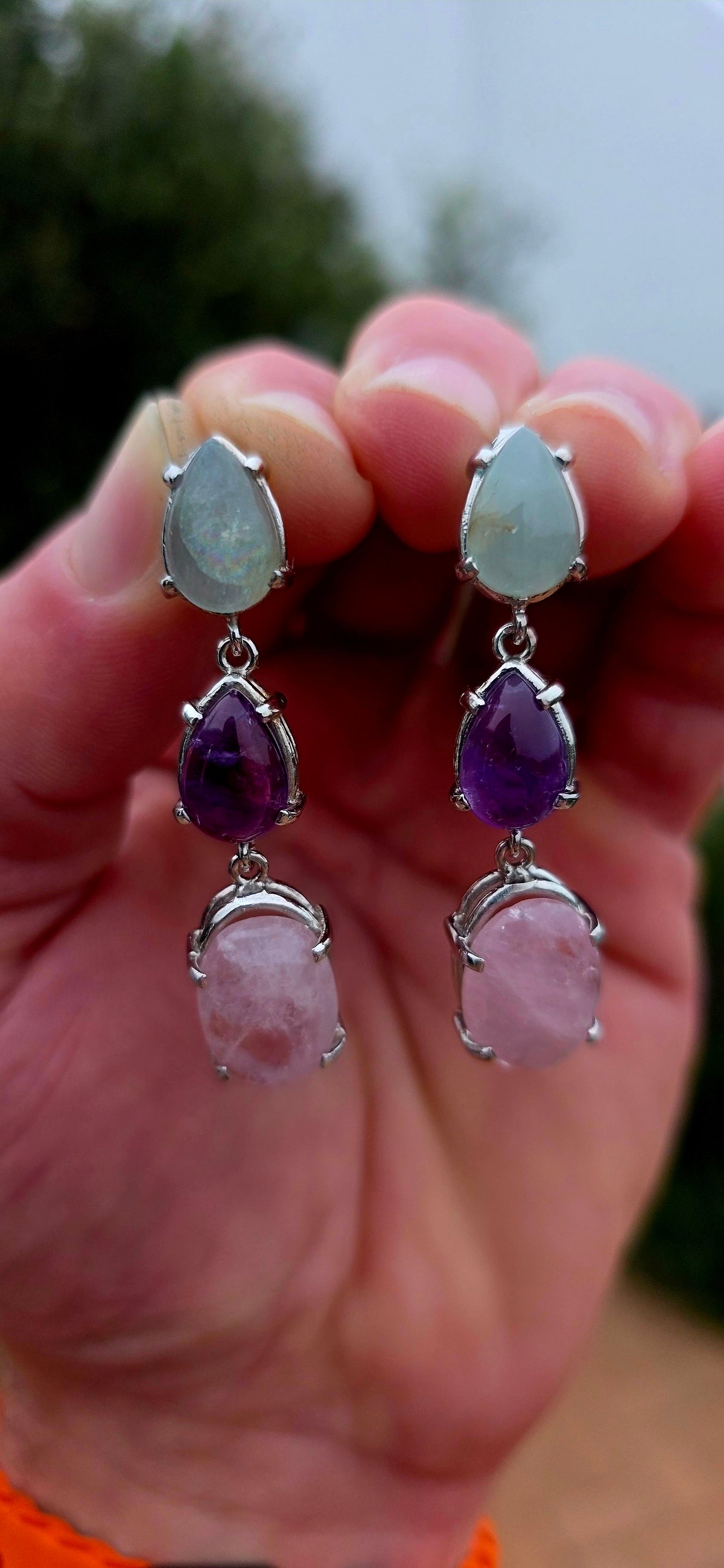 Fabulous statement pair of Sterling Silver Aquamarine, Amethyst & Morganite drop earrings, combining three gorgeous gemstones in the prettiest soft pastel colour palette!