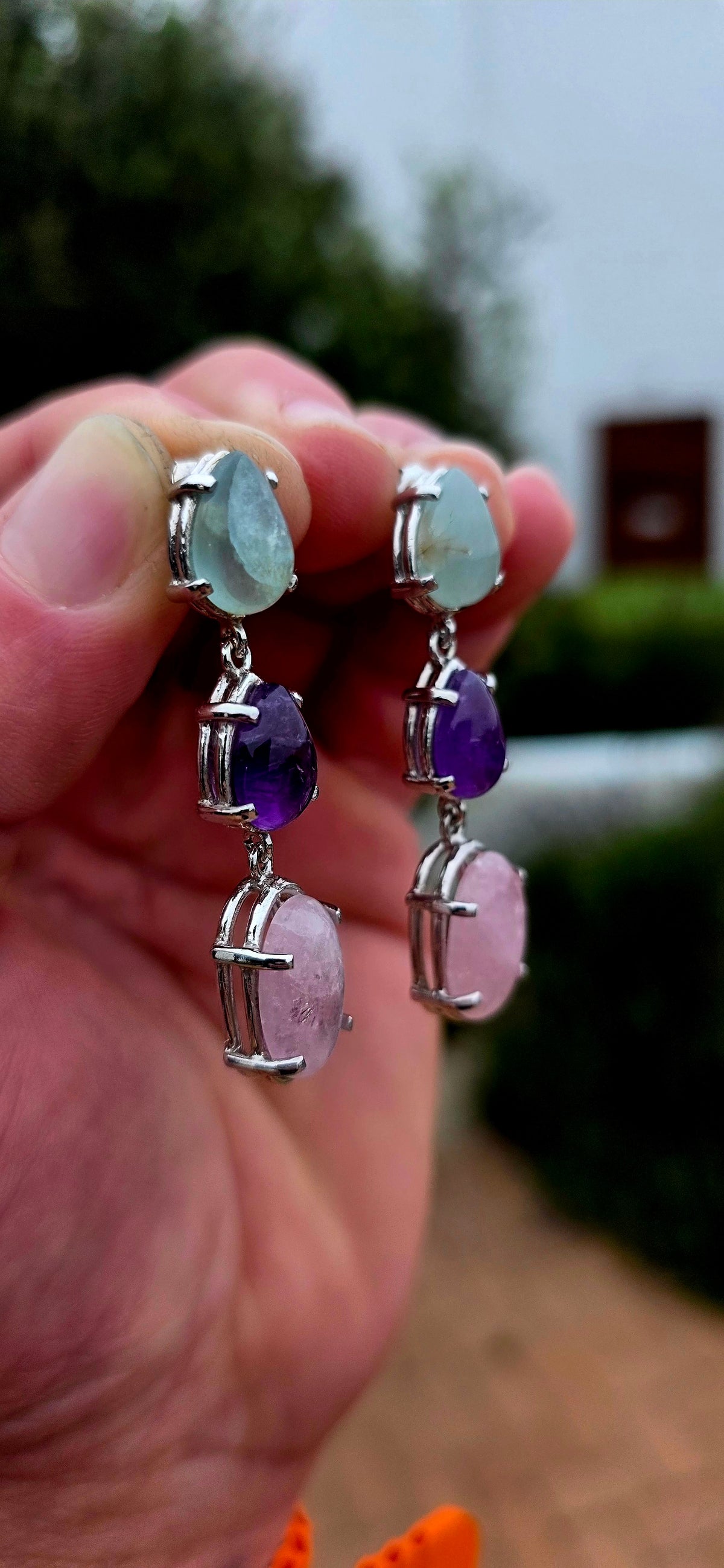 Fabulous statement pair of Sterling Silver Aquamarine, Amethyst & Morganite drop earrings, combining three gorgeous gemstones in the prettiest soft pastel colour palette!