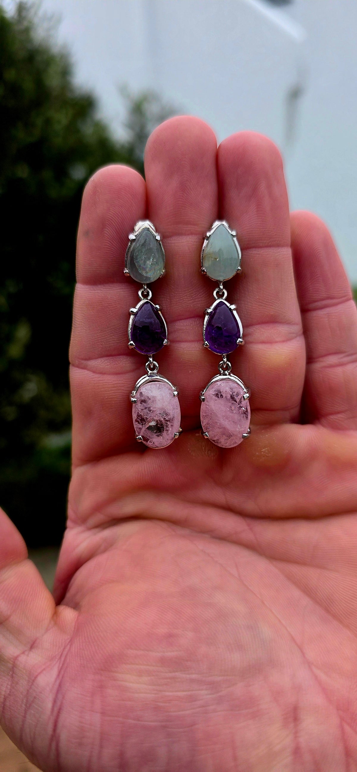 Fabulous statement pair of Sterling Silver Aquamarine, Amethyst & Morganite drop earrings, combining three gorgeous gemstones in the prettiest soft pastel colour palette!