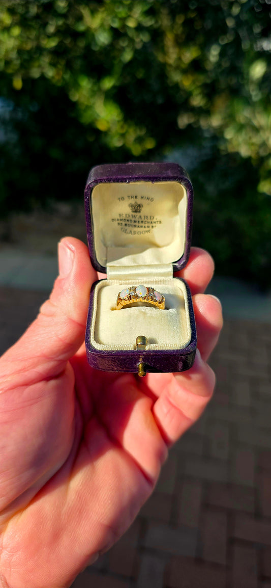 Magnificent Antique Edwardian Era Hallmarked Solid 18ct Yellow Gold, Natural Opal & Diamond Half Eternity Ring, made in London circa 1900 and hallmarked accordingly.