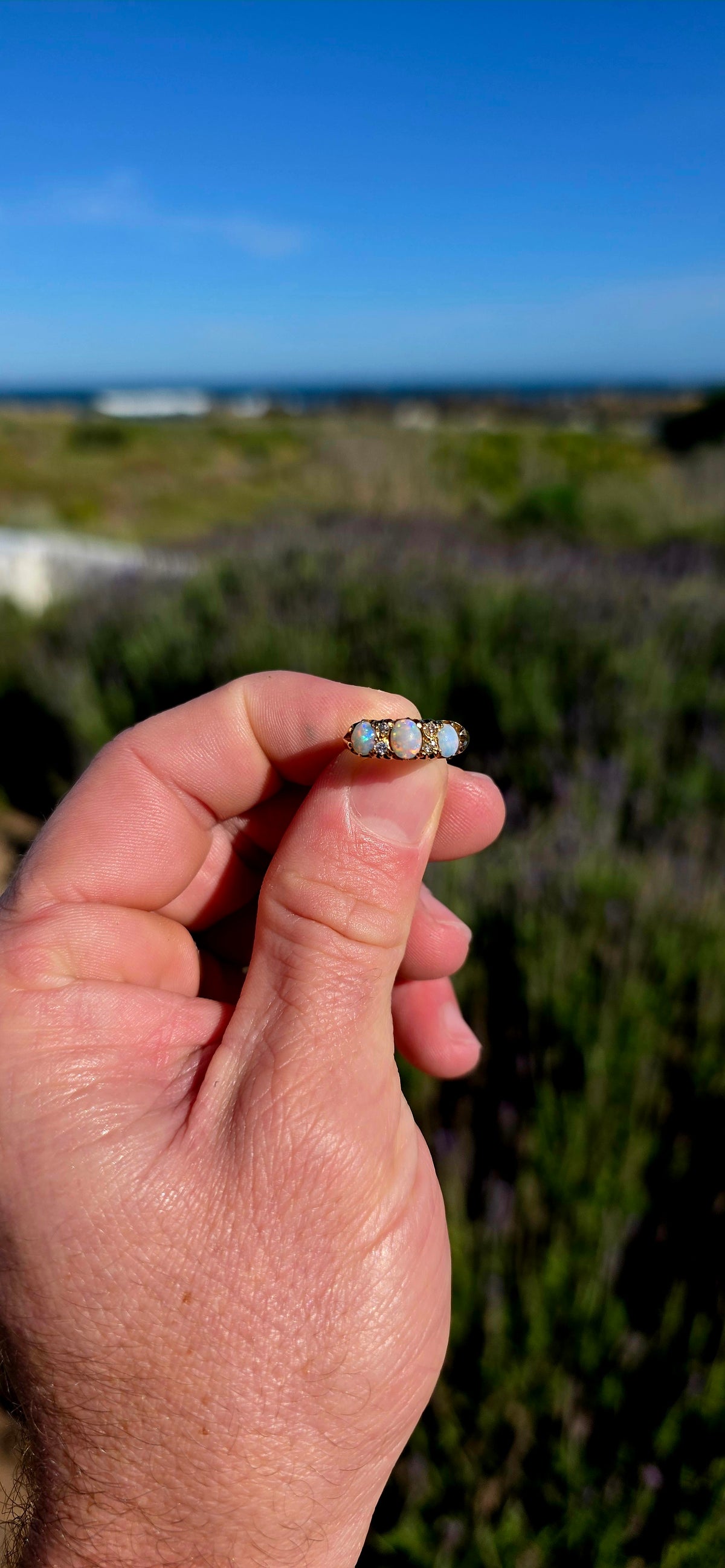 Magnificent Antique Edwardian Era Hallmarked Solid 18ct Yellow Gold, Natural Opal & Diamond Half Eternity Ring, made in London circa 1900 and hallmarked accordingly.