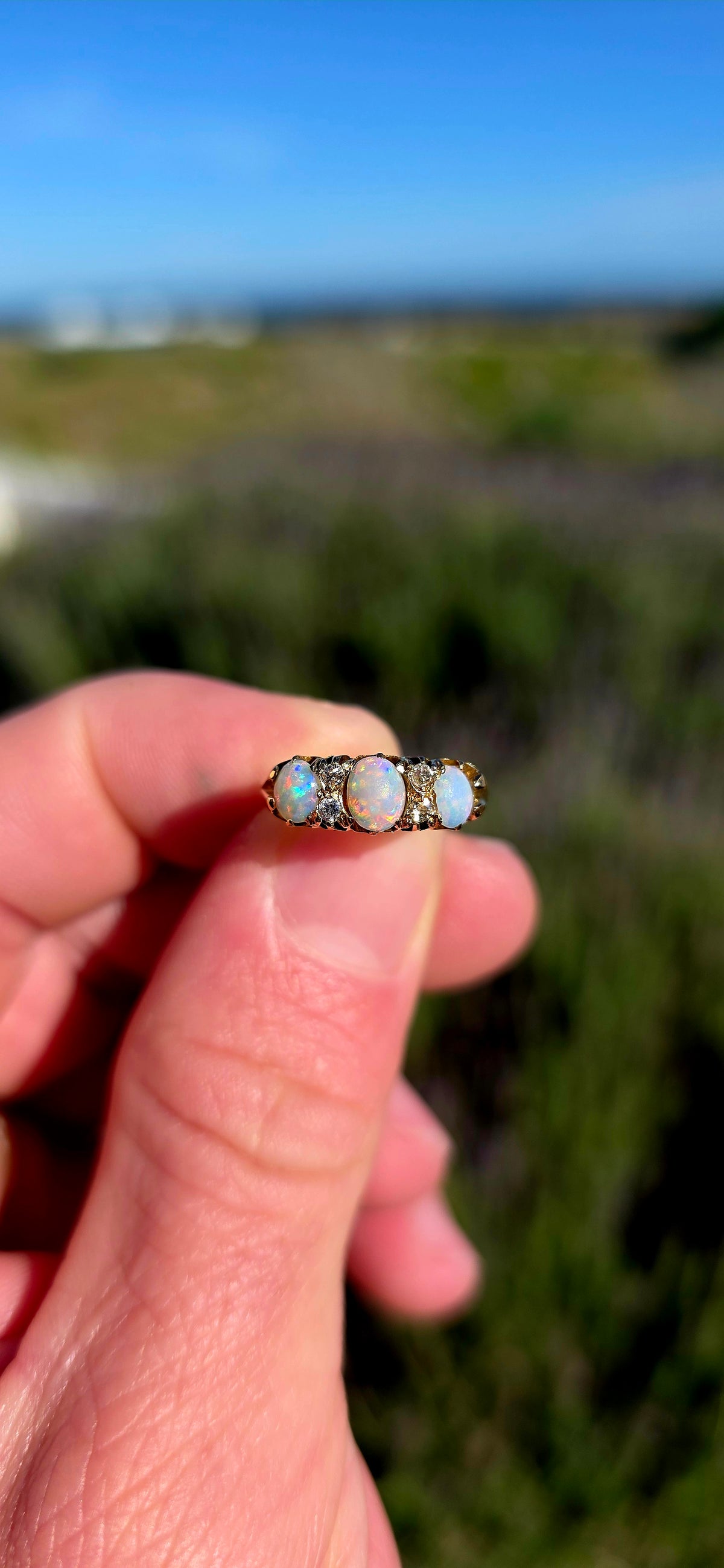 Magnificent Antique Edwardian Era Hallmarked Solid 18ct Yellow Gold, Natural Opal & Diamond Half Eternity Ring, made in London circa 1900 and hallmarked accordingly.