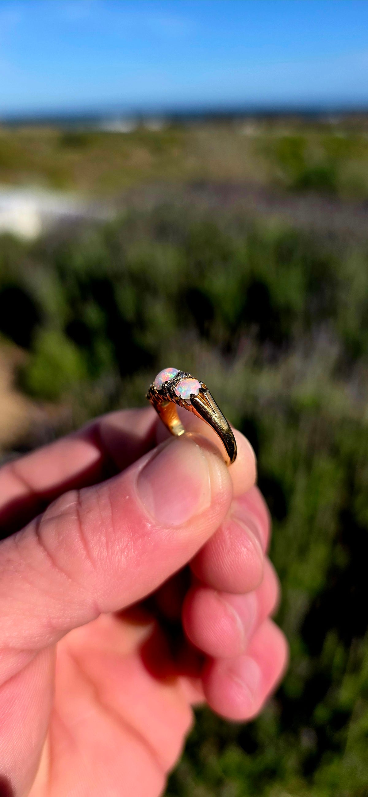 Magnificent Antique Edwardian Era Hallmarked Solid 18ct Yellow Gold, Natural Opal & Diamond Half Eternity Ring, made in London circa 1900 and hallmarked accordingly.