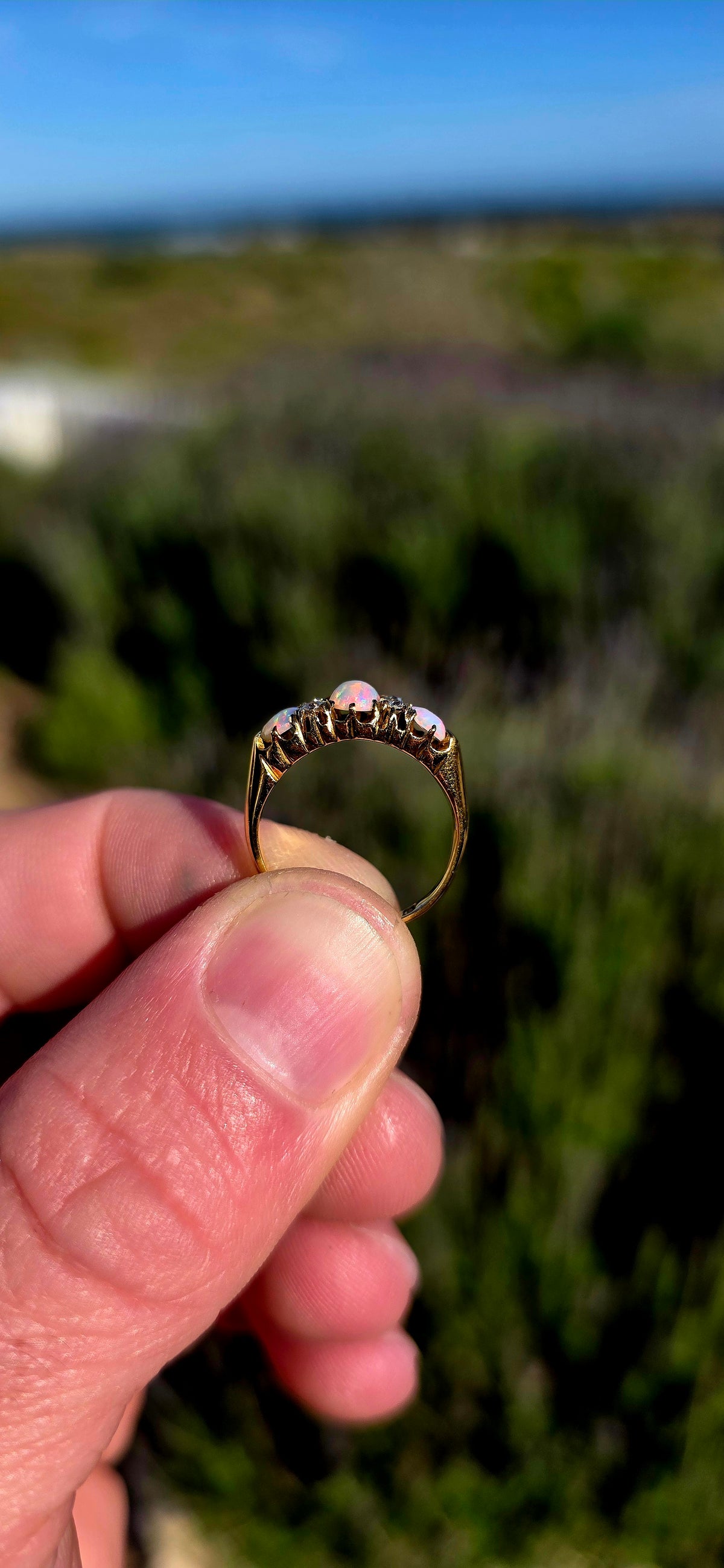 Magnificent Antique Edwardian Era Hallmarked Solid 18ct Yellow Gold, Natural Opal & Diamond Half Eternity Ring, made in London circa 1900 and hallmarked accordingly.