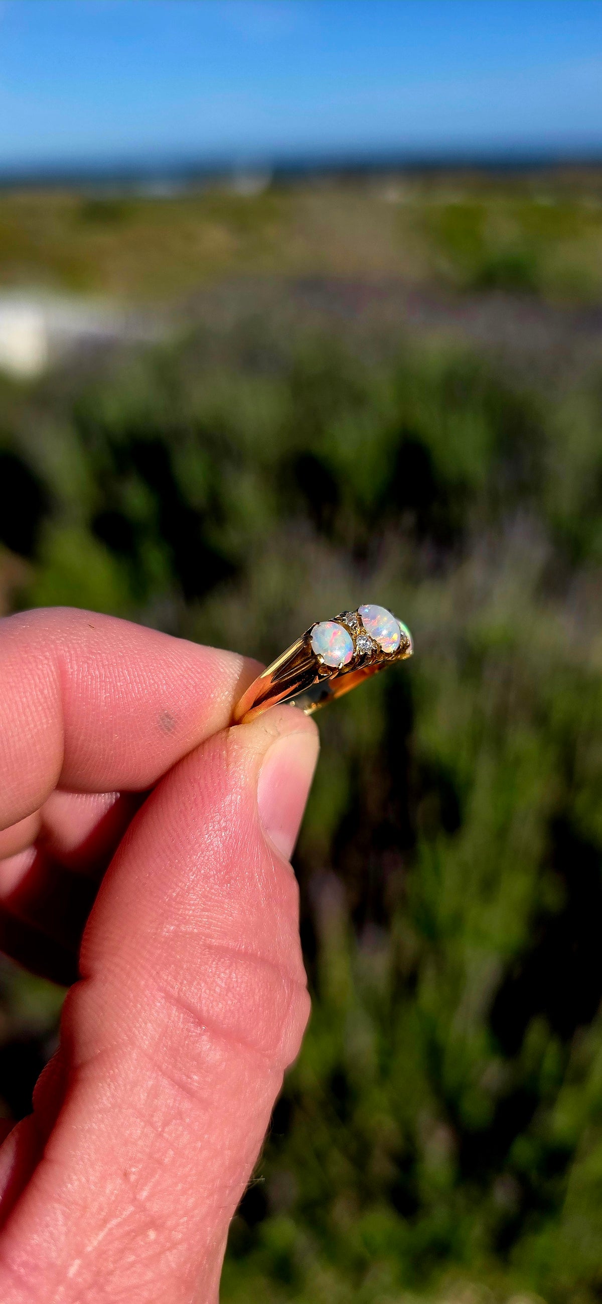 Magnificent Antique Edwardian Era Hallmarked Solid 18ct Yellow Gold, Natural Opal & Diamond Half Eternity Ring, made in London circa 1900 and hallmarked accordingly.