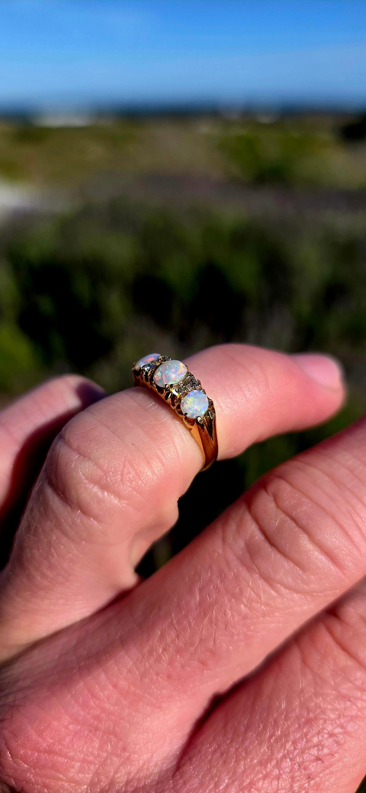 Magnificent Antique Edwardian Era Hallmarked Solid 18ct Yellow Gold, Natural Opal & Diamond Half Eternity Ring, made in London circa 1900 and hallmarked accordingly.