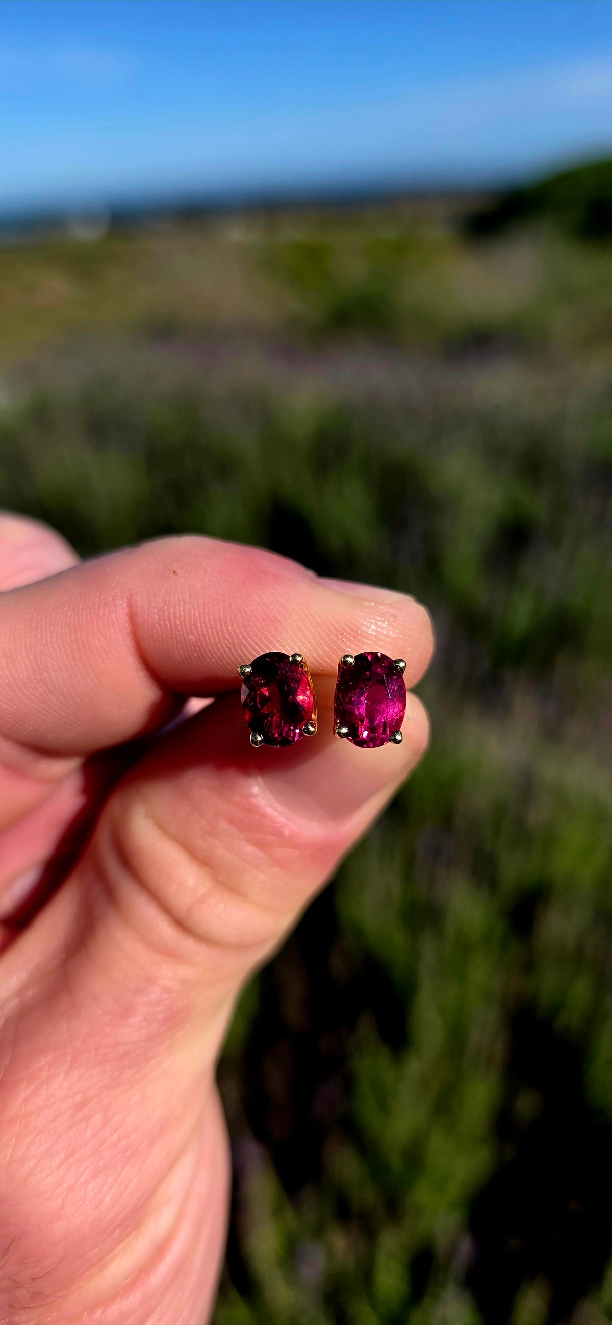 Fabulous Vintage Pair of Solid 18ct Yellow Gold & Natural Pink Tourmaline Stud Earrings, each set with a generously sized oval-cut Tourmaline displaying the most magnificent deep raspberry / magenta-pink colour.