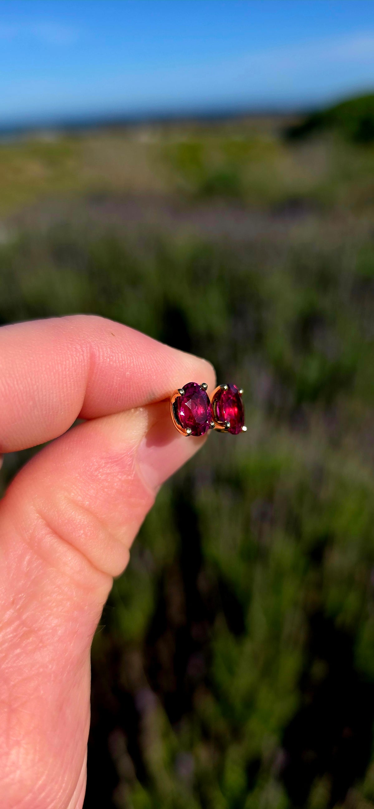 Fabulous Vintage Pair of Solid 18ct Yellow Gold & Natural Pink Tourmaline Stud Earrings, each set with a generously sized oval-cut Tourmaline displaying the most magnificent deep raspberry / magenta-pink colour.