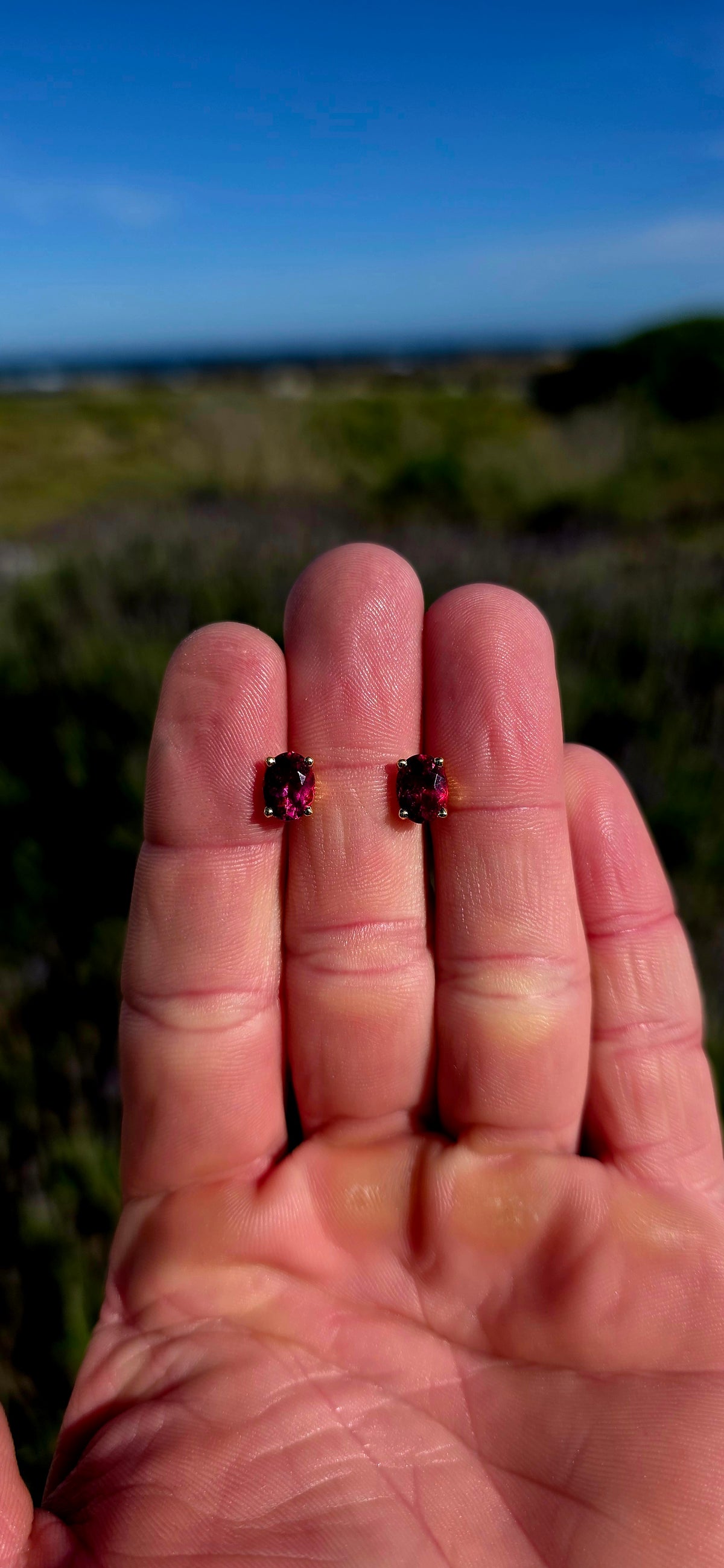 Fabulous Vintage Pair of Solid 18ct Yellow Gold & Natural Pink Tourmaline Stud Earrings, each set with a generously sized oval-cut Tourmaline displaying the most magnificent deep raspberry / magenta-pink colour.