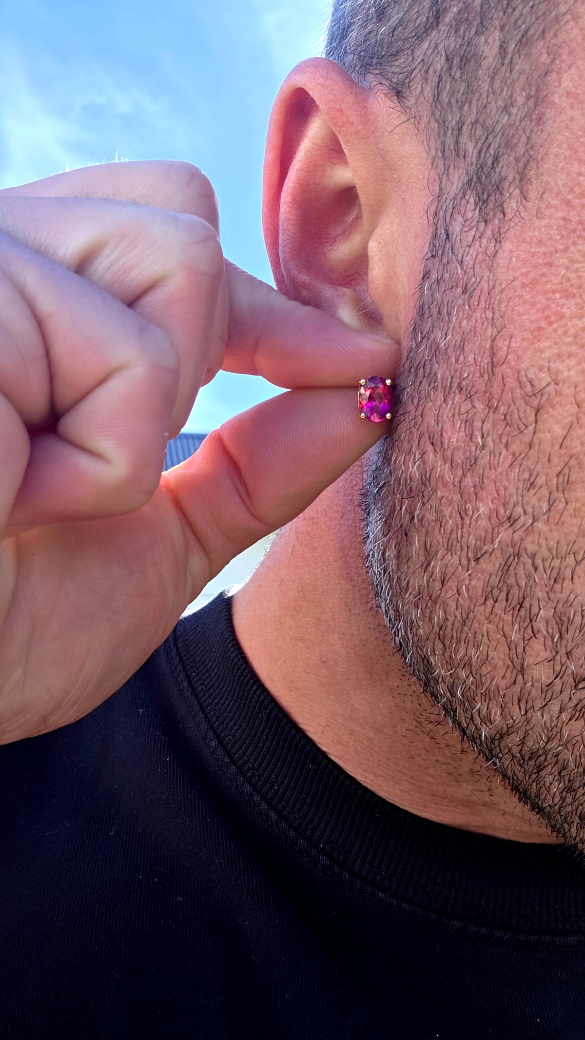 Fabulous Vintage Pair of Solid 18ct Yellow Gold & Natural Pink Tourmaline Stud Earrings, each set with a generously sized oval-cut Tourmaline displaying the most magnificent deep raspberry / magenta-pink colour.