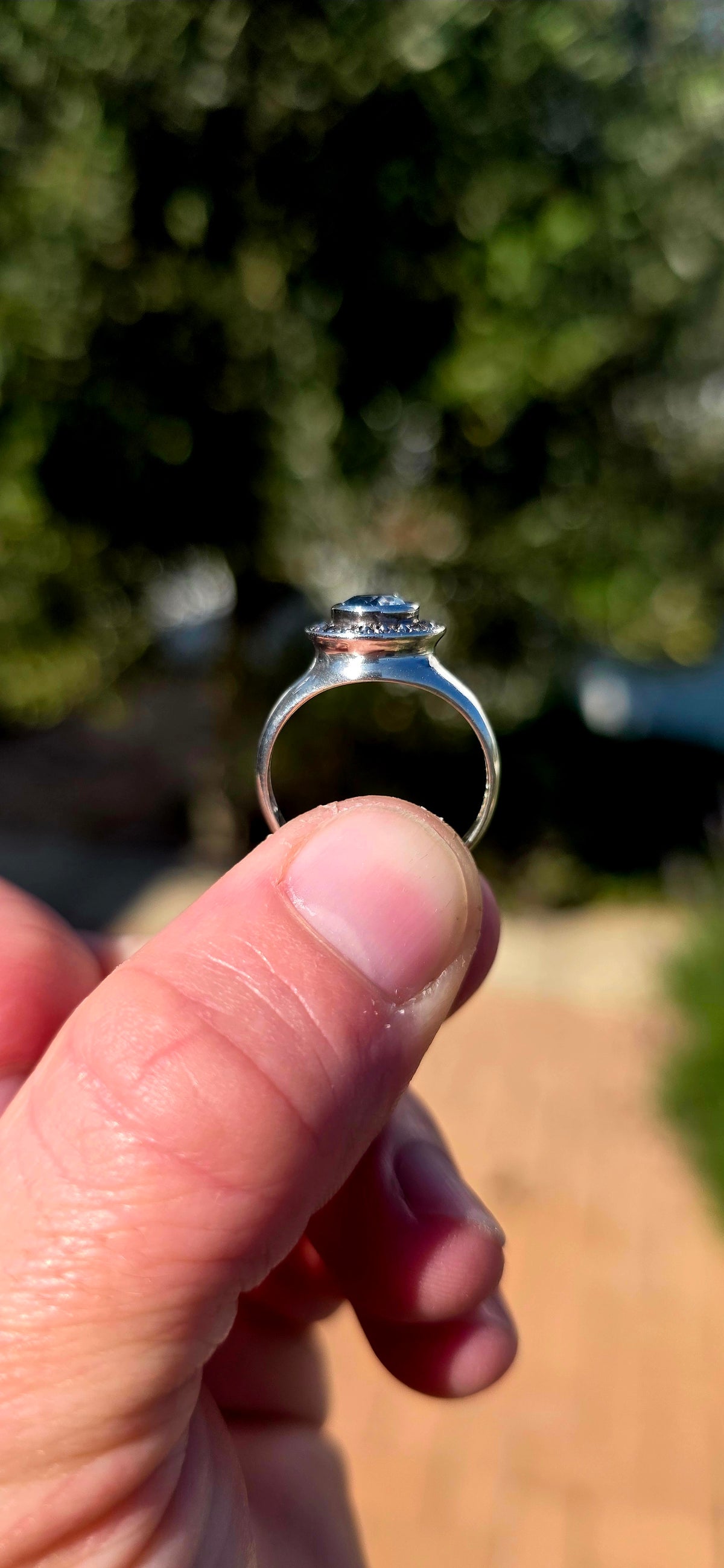 Absolutely gorgeous Vintage Modernist-style Sterling Silver Halo Ring, featuring the prettiest icy blue gemstone centre!!