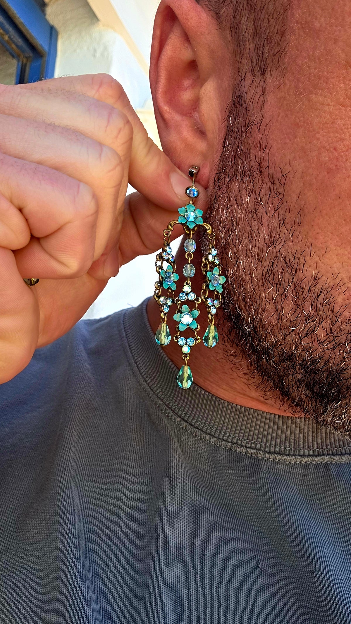 A spectacular pair of vintage designer chandelier earrings by celebrated Israeli jewellery designer Michal Negrin, known for her wonderfully romantic, colourful and unmistakably whimsical creations.
