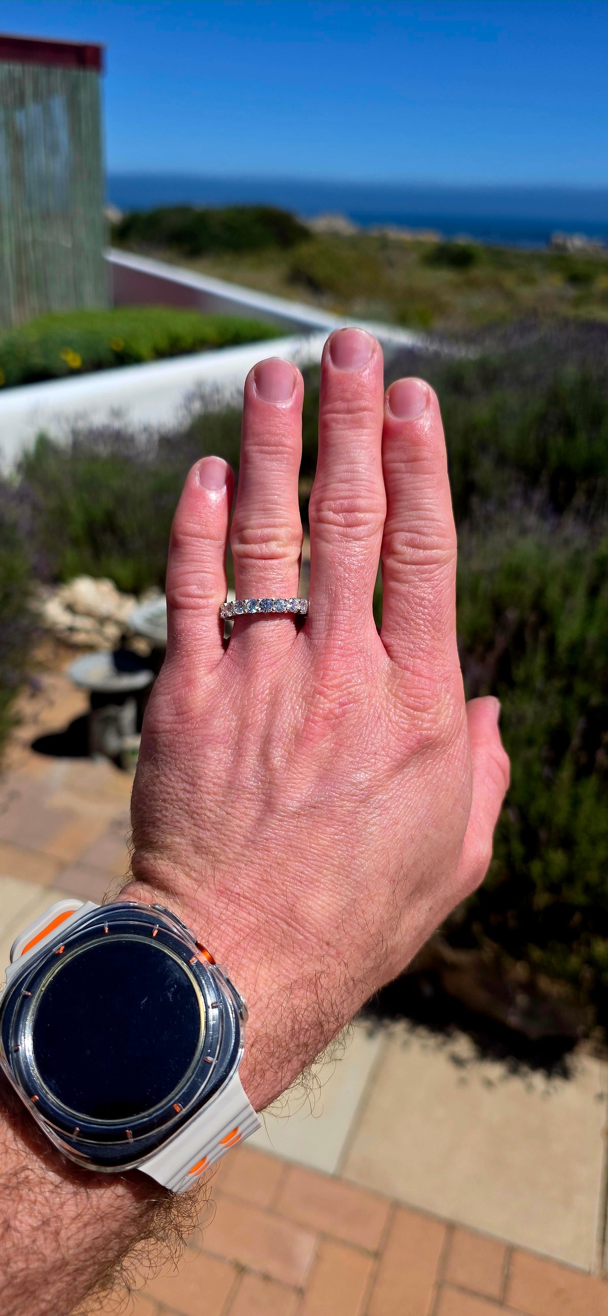 A fabulous sterling silver full eternity stacking ring, completely encircled by 19 ultra-sparkly round-cut AAA Swiss-grade CZ gemstones.