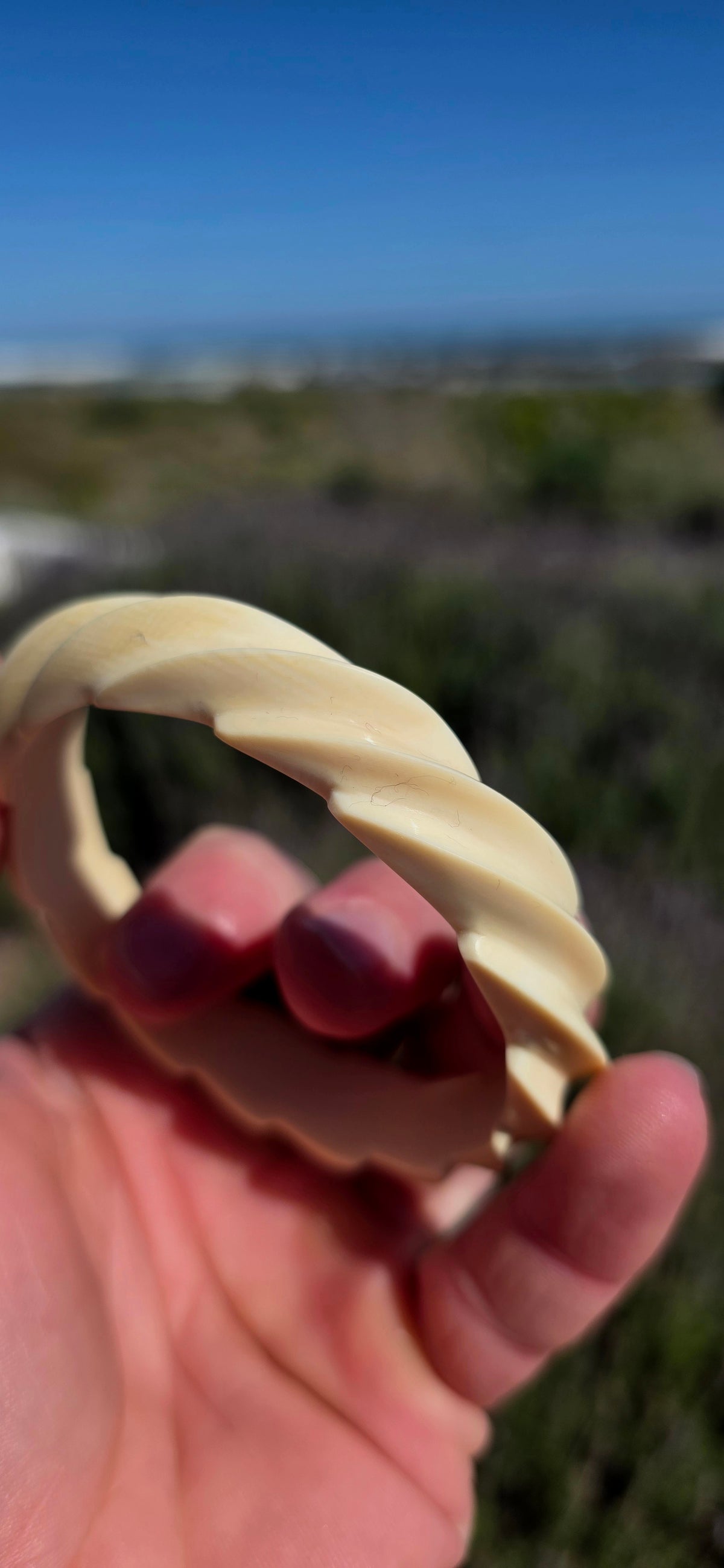 This substantial pre-ban ivory bangle has been expertly hand-carved from a single piece of ivory into a fabulous continuous twisted spiral design, creating the illusion of overlapping ribbons wrapping around the wrist.