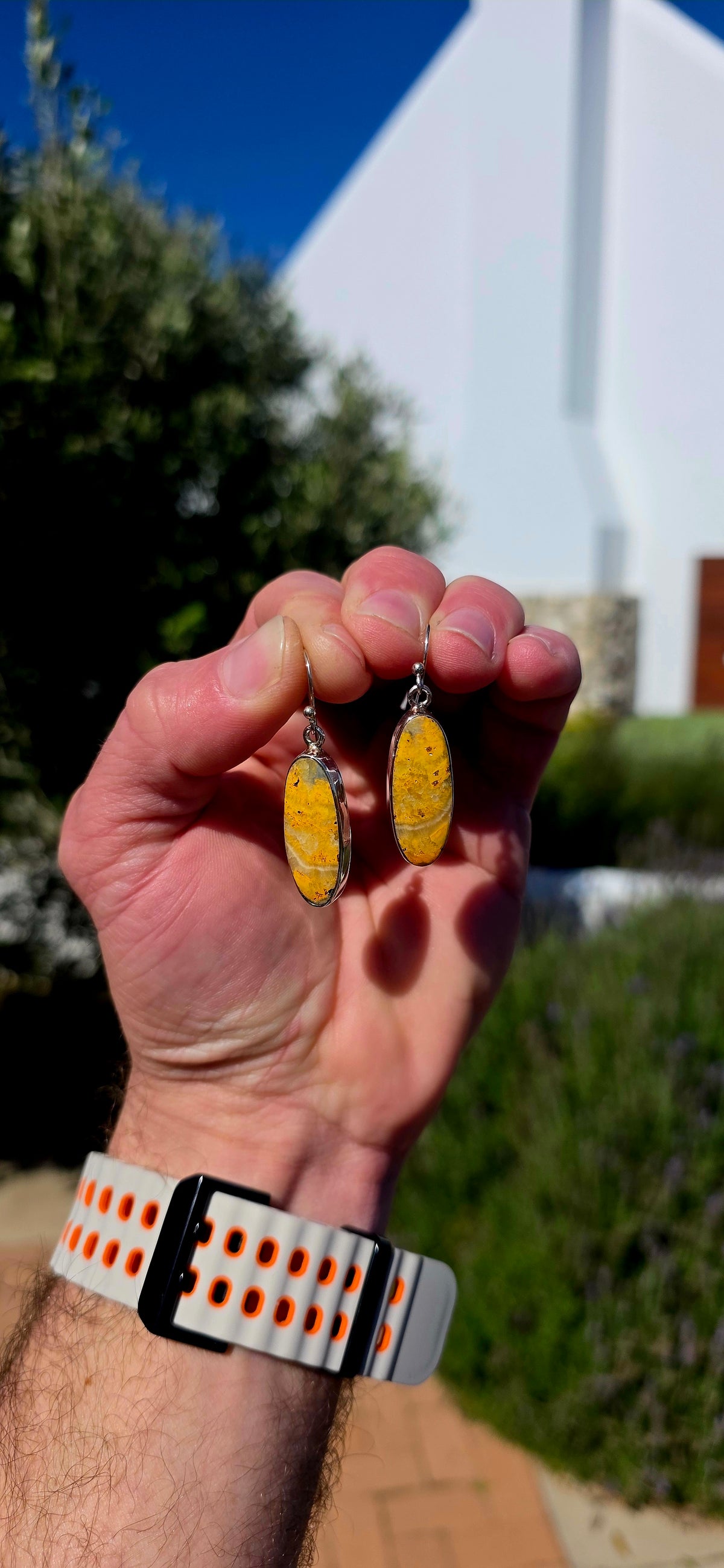 How UNUSUAL are these!! A seriously striking pair of sterling silver drop earrings, each set with a generously sized elongated Bumblebee Jasper cabochon.