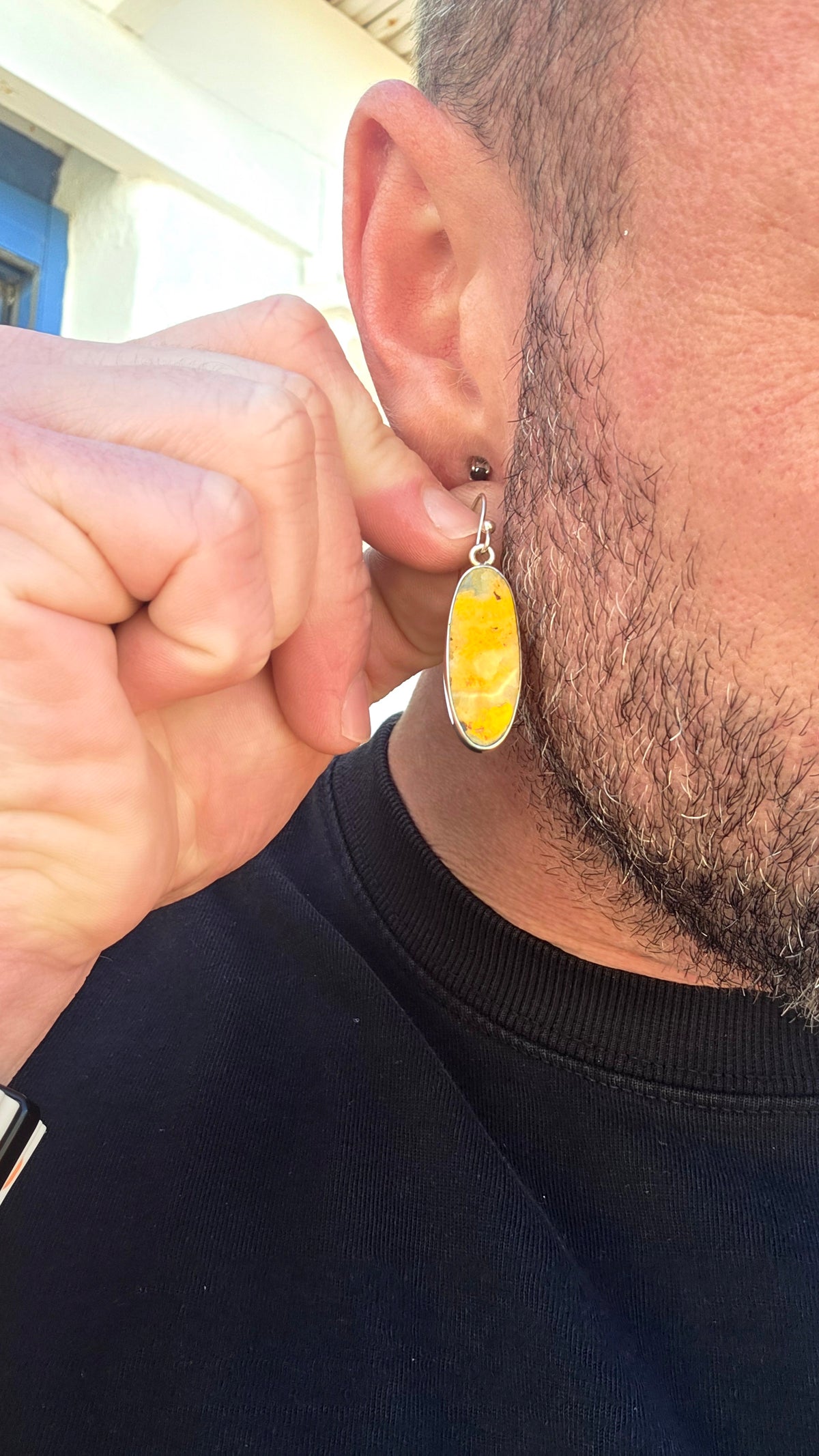 How UNUSUAL are these!! A seriously striking pair of sterling silver drop earrings, each set with a generously sized elongated Bumblebee Jasper cabochon.