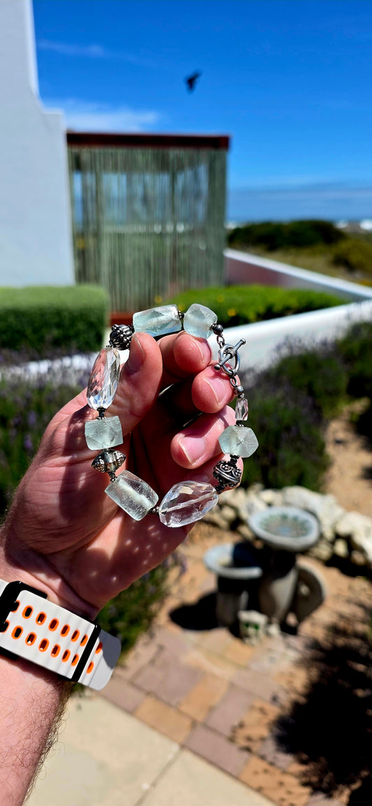 A fabulous CHUNKY artisan-made statement bracelet, beautifully combining natural gemstones, recycled glass and wonderfully ornate sterling silver!