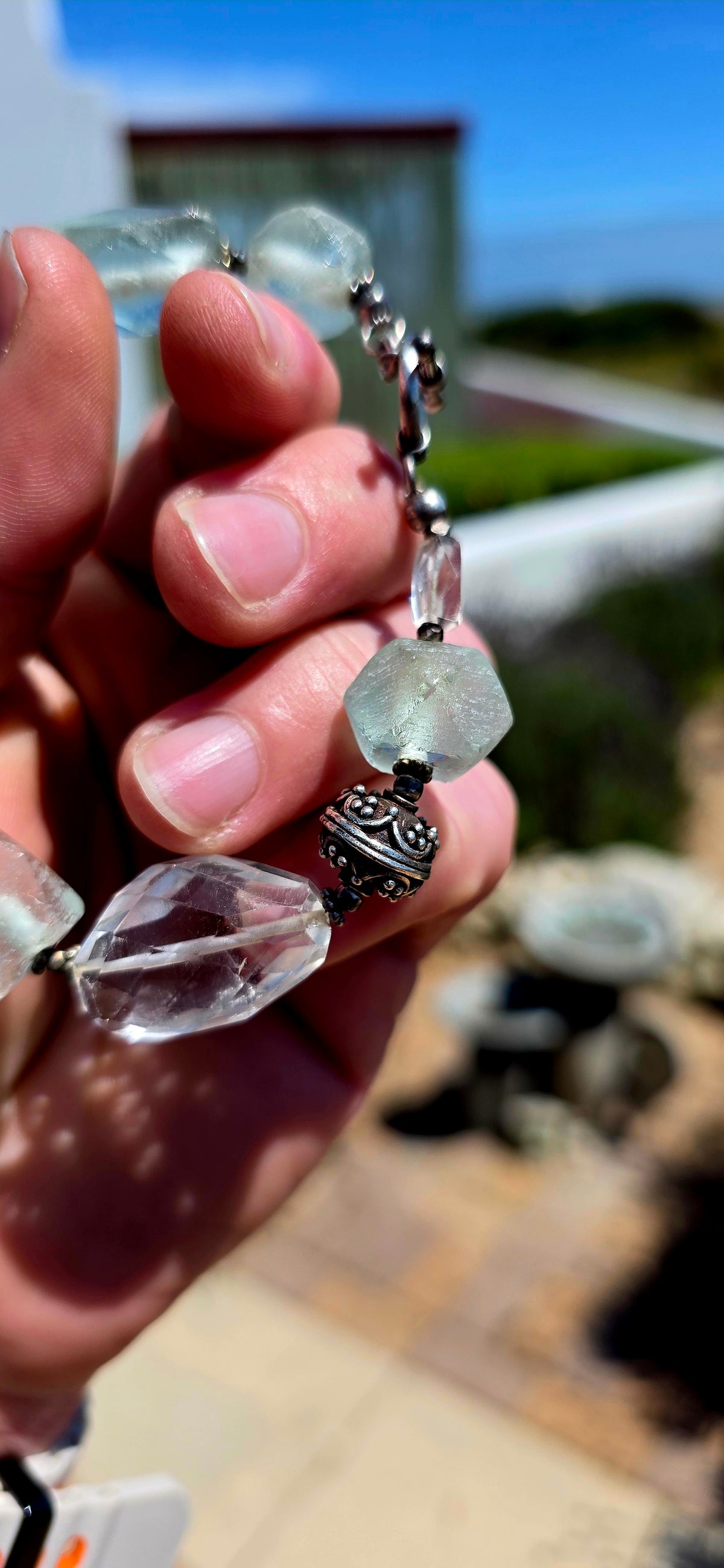 A fabulous CHUNKY artisan-made statement bracelet, beautifully combining natural gemstones, recycled glass and wonderfully ornate sterling silver!