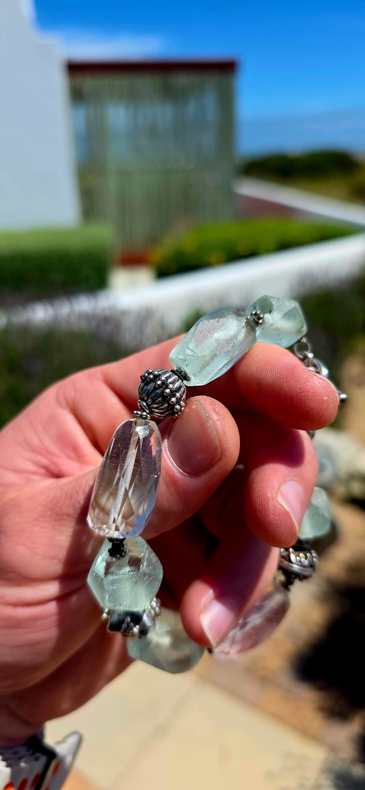 A fabulous CHUNKY artisan-made statement bracelet, beautifully combining natural gemstones, recycled glass and wonderfully ornate sterling silver!