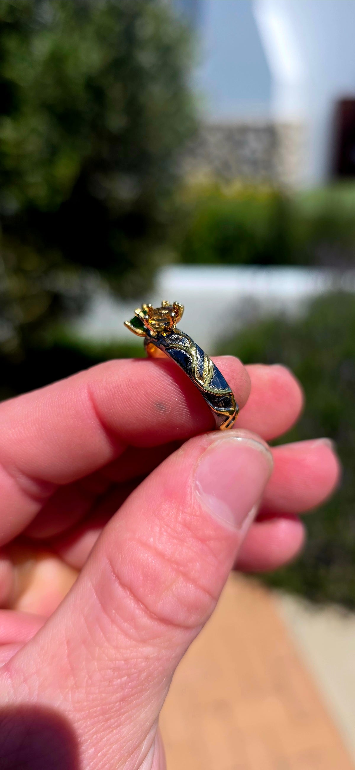 A fabulously unusual artisan-made statement ring, crafted in blackened sterling silver with luxurious 18ct yellow gold-plated accents, creating a striking contrast of dark silver and warm golden highlights!
