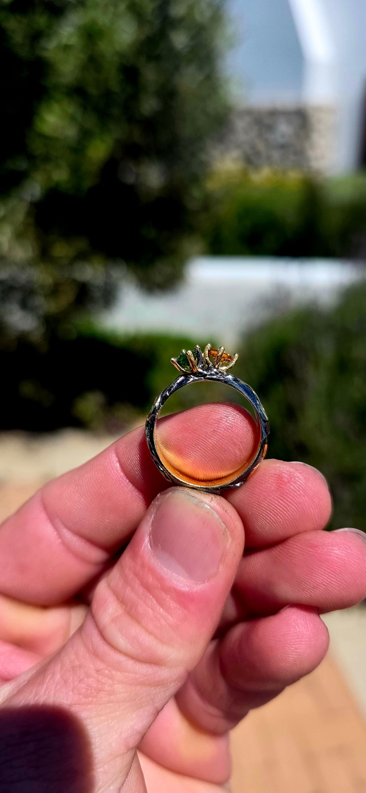 A fabulously unusual artisan-made statement ring, crafted in blackened sterling silver with luxurious 18ct yellow gold-plated accents, creating a striking contrast of dark silver and warm golden highlights!