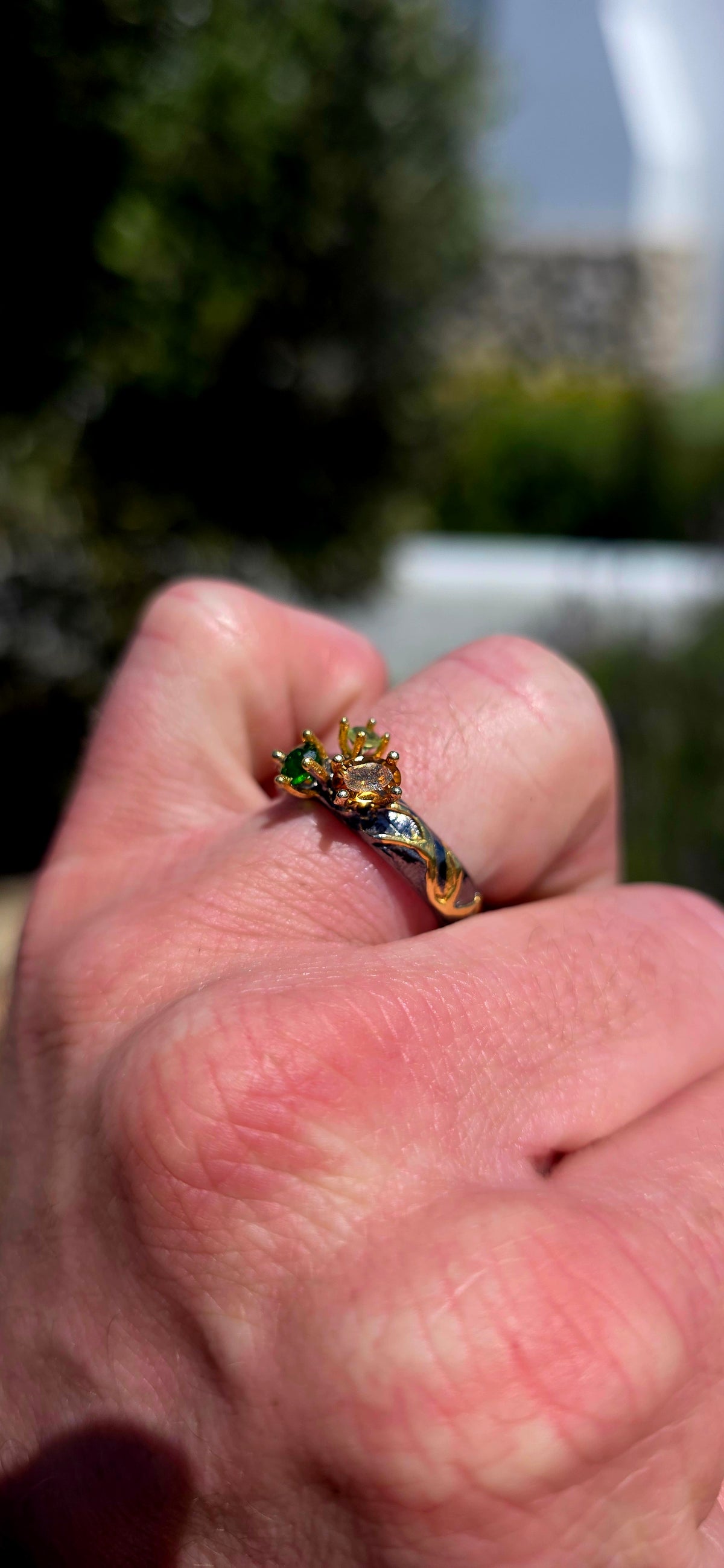 A fabulously unusual artisan-made statement ring, crafted in blackened sterling silver with luxurious 18ct yellow gold-plated accents, creating a striking contrast of dark silver and warm golden highlights!