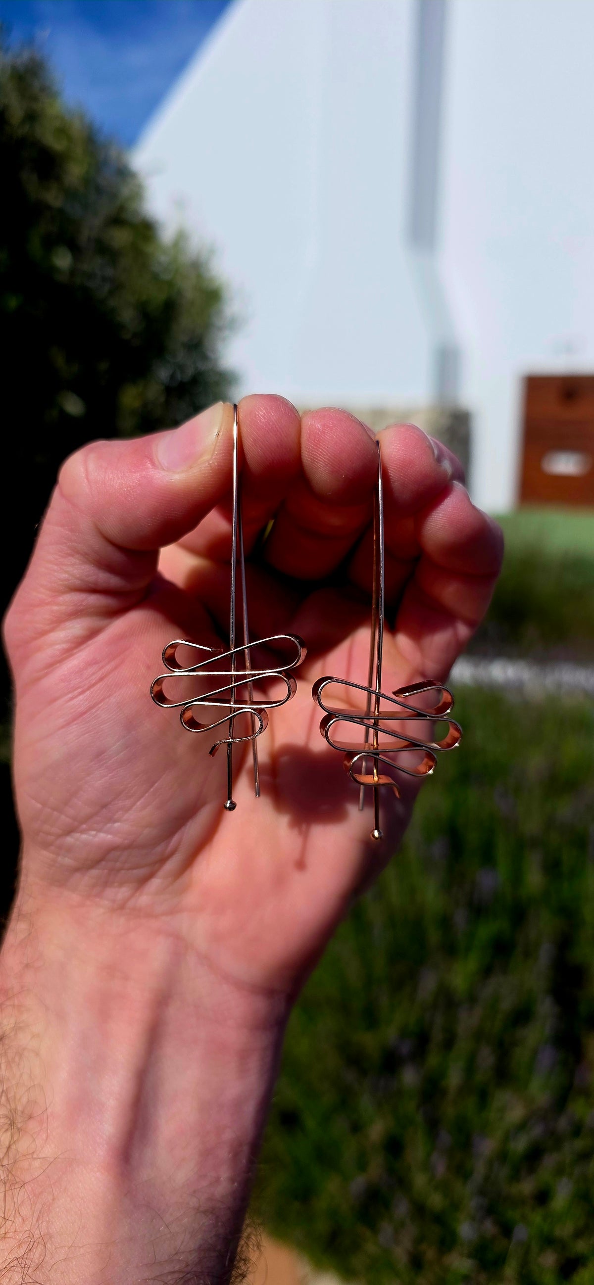 An absolutely FABULOUS pair of oversized, artisan-crafted sterling silver drop earrings with beautiful rose gold plating, designed in a wonderfully abstract, sculptural Modernist style!