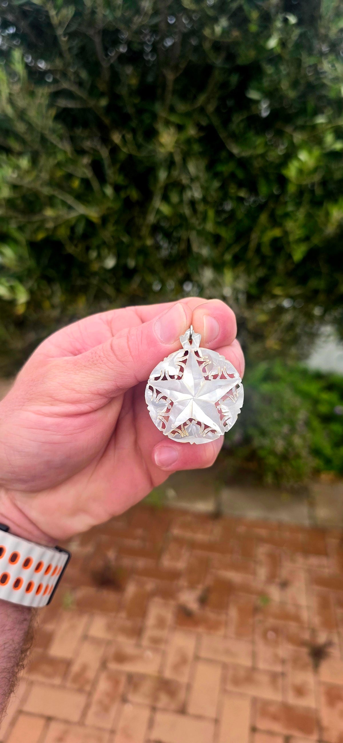 A beautiful vintage hand-carved mother-of-pearl pendant, featuring a magnificent five-pointed star surrounded by delicate openwork detailing!